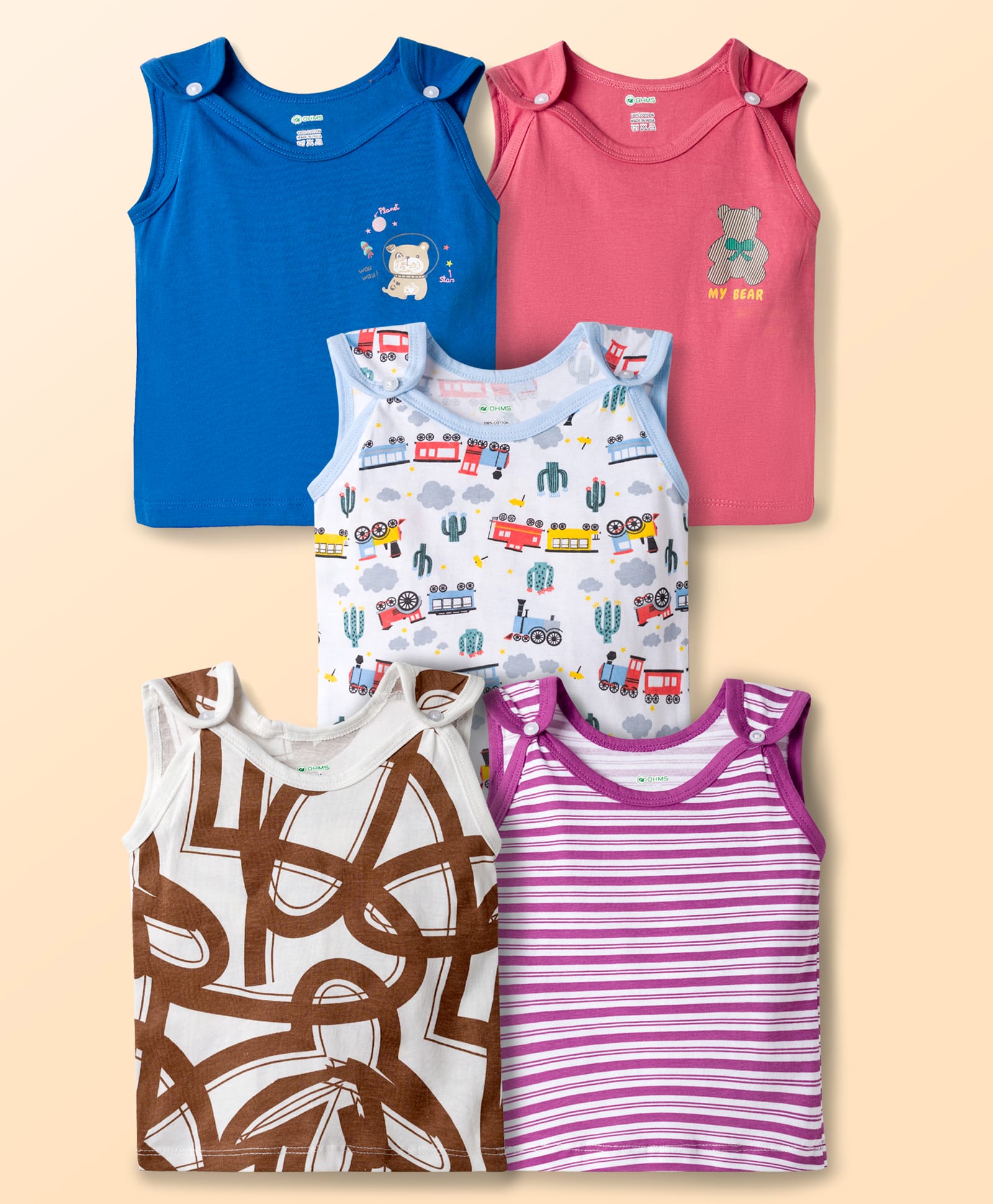 OHMS Single Jersey Knit Sleeveless Striped & Printed Jhablas Pack of 5 - Multicolor-image-28