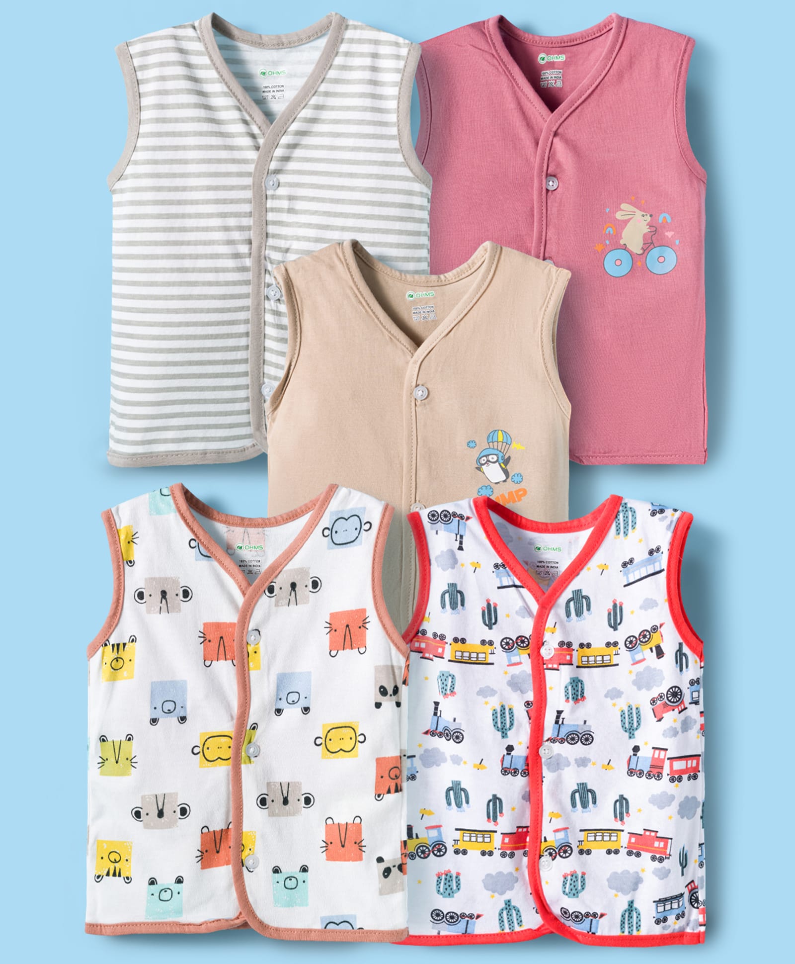 OHMS Single Jersey Knit Sleeveless Striped & Printed Jhablas Pack of 5 - Multicolor-image-24