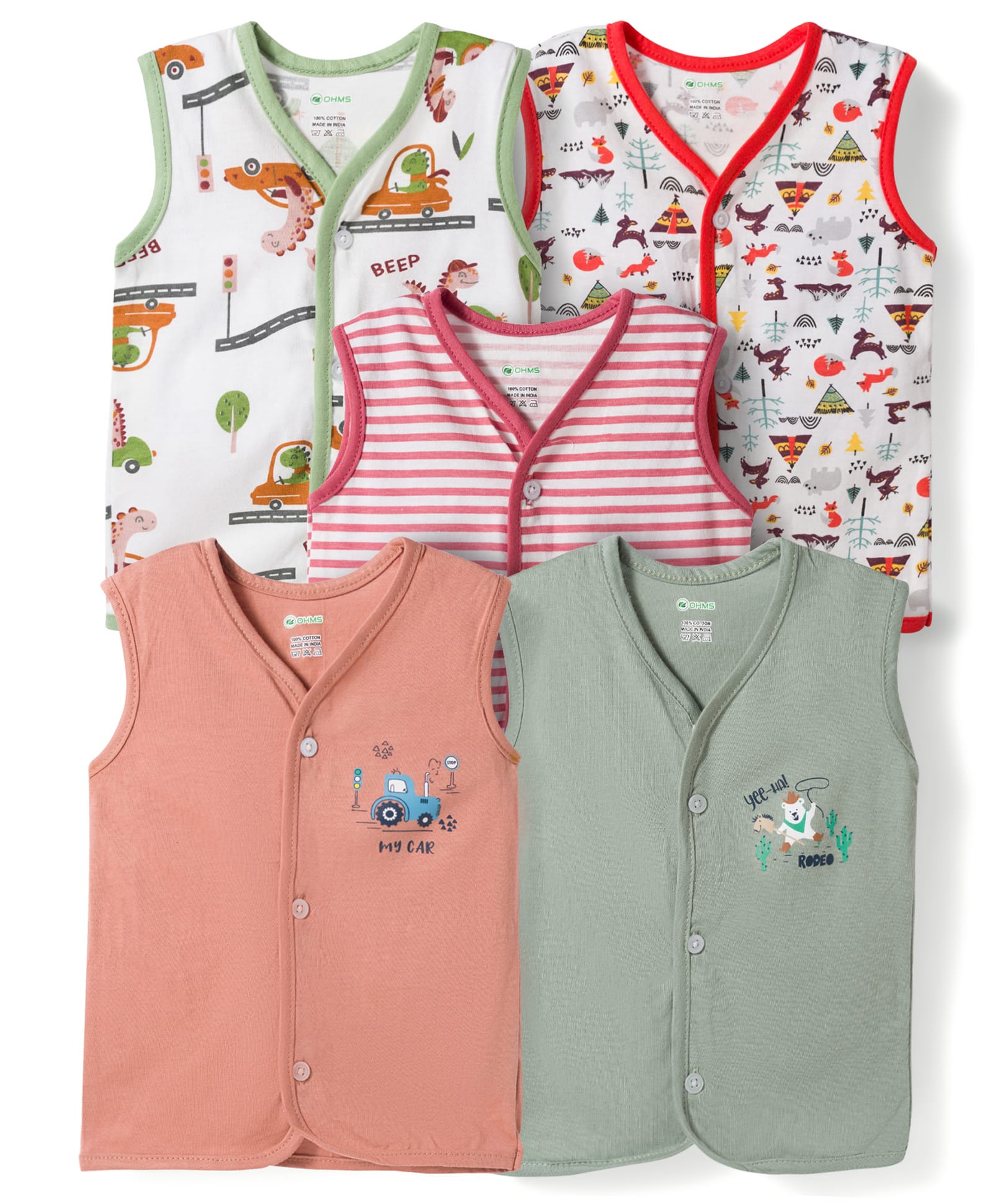 OHMS Single Jersey Knit Sleeveless Striped & Printed Jhablas Pack of 5 - Multicolor-image-23