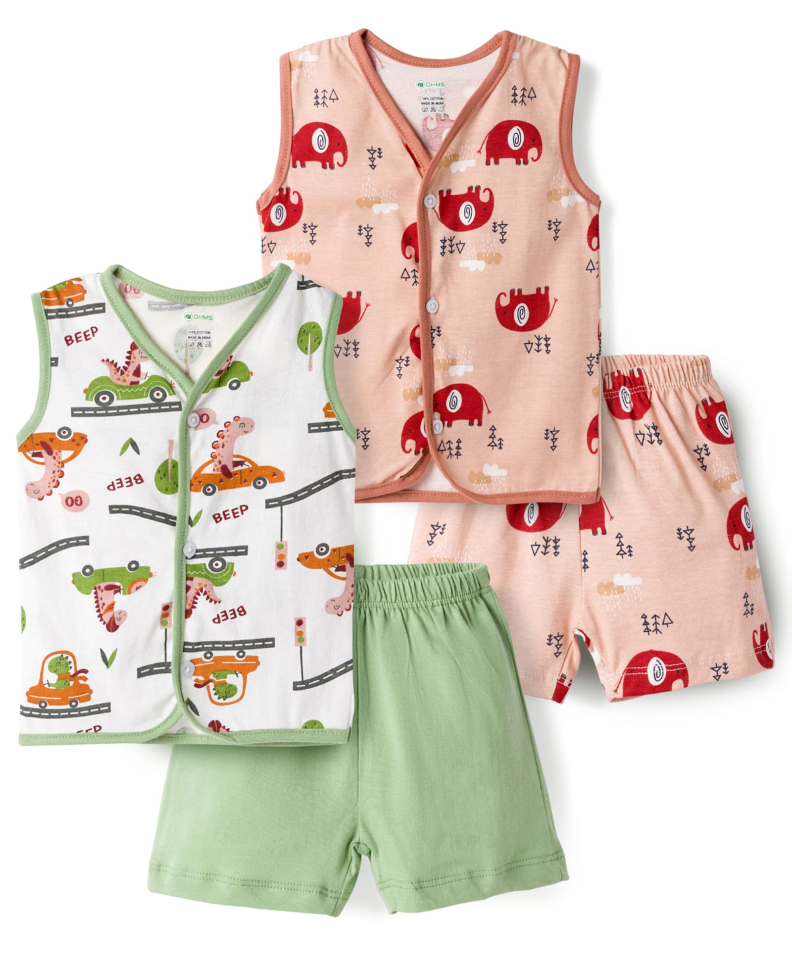 OHMS Single Jersey Knit Sleeveless Short Night Suit With Vehicle Print Pack Of 2 - Peach & Olive Green-image-34