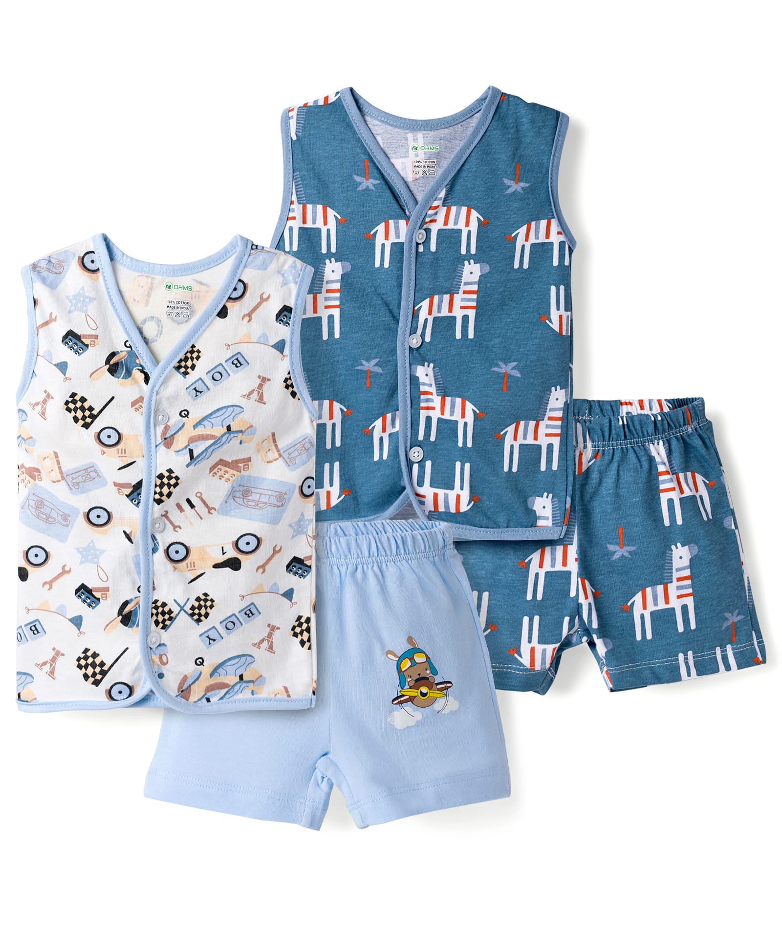OHMS Single Jersey Knit Sleeveless Shorts Night Suit With Horse Print Pack of 2 - Blue & White-picture-10