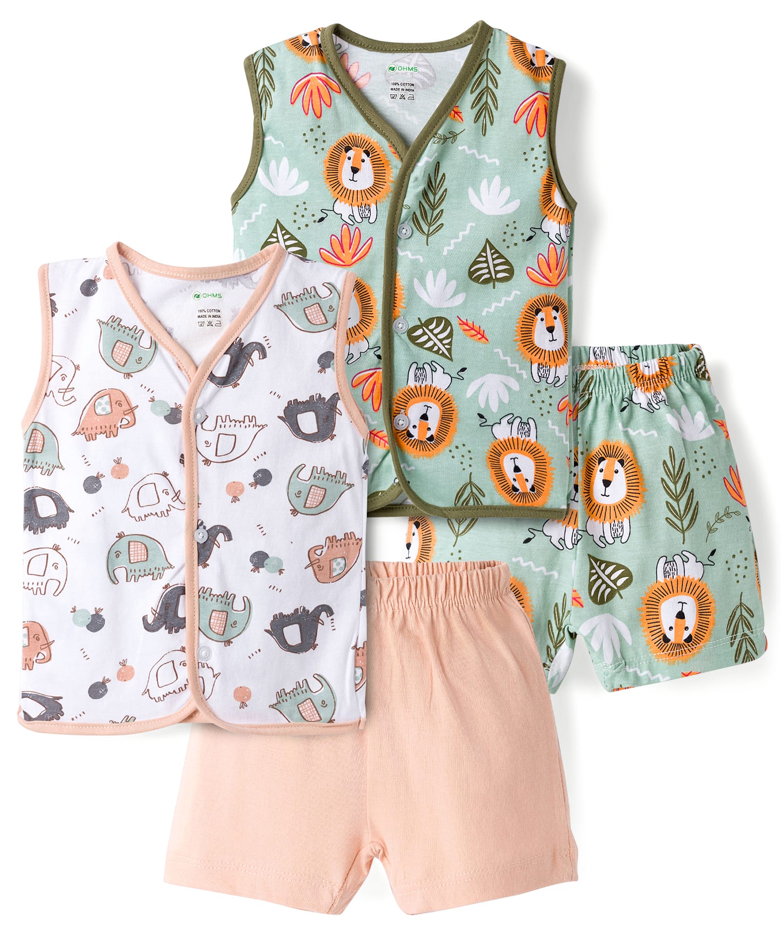 OHMS Single Jersey Knit Sleeveless Shorts Night Suit With Lion Print Pack Of 2 - White & Sea Green-image-28