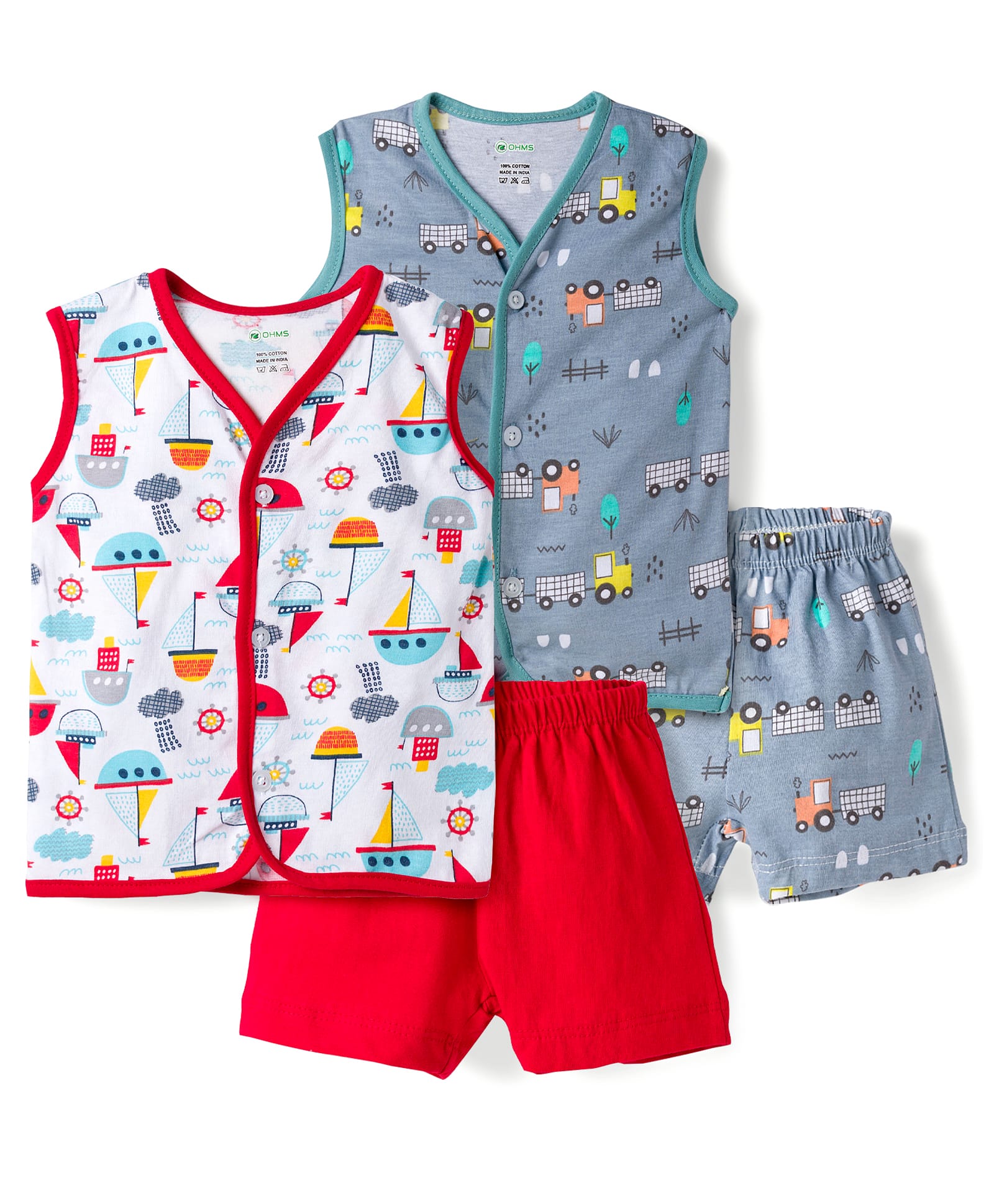 OHMS Single Jersey Knit Sleeveless Shorts Night Suit With Vehicle Print Pack Of 2 - Red & Grey-image-29