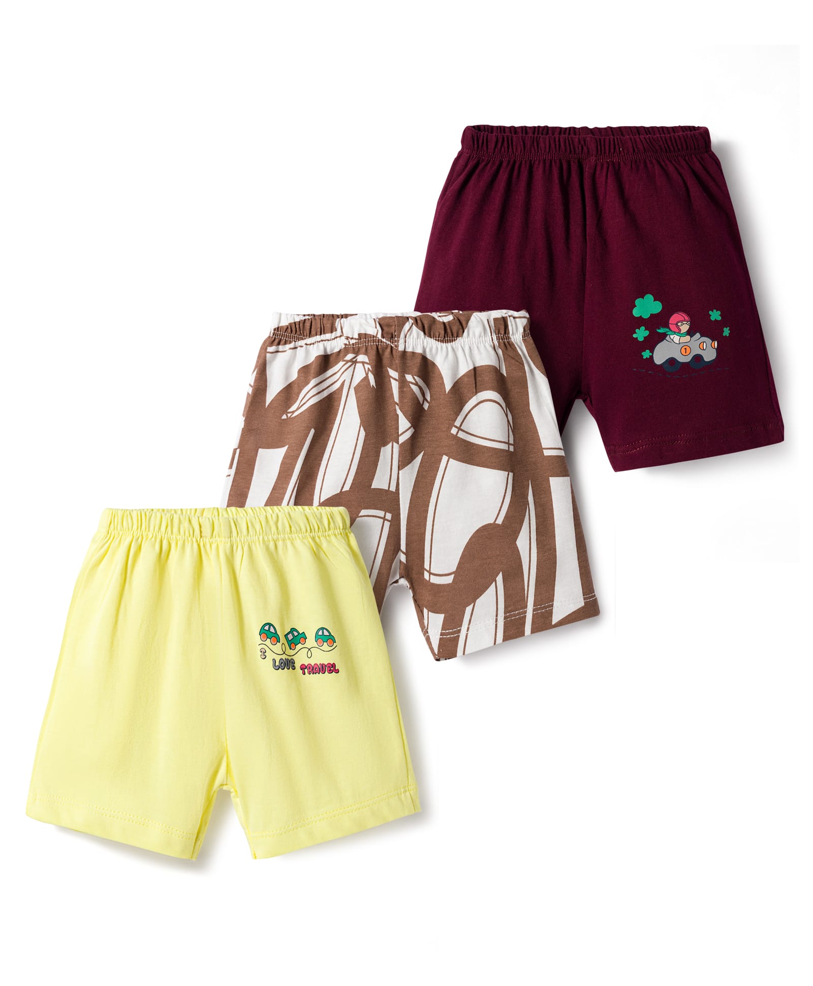 OHMS Single Jersey Knit Car Printed Shorts Pack of 3 - Yellow Maroon & White-picture-11