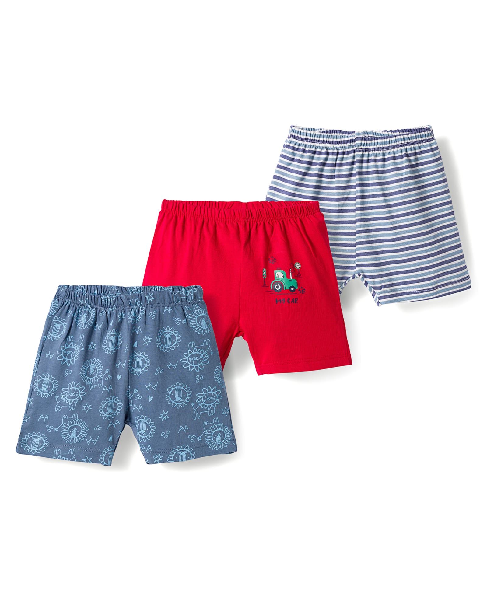 OHMS Single Jersey Knit Above Knee Length Shorts With Animal & Tractor Print Pack of 3 - Red Blue & White-picture-12
