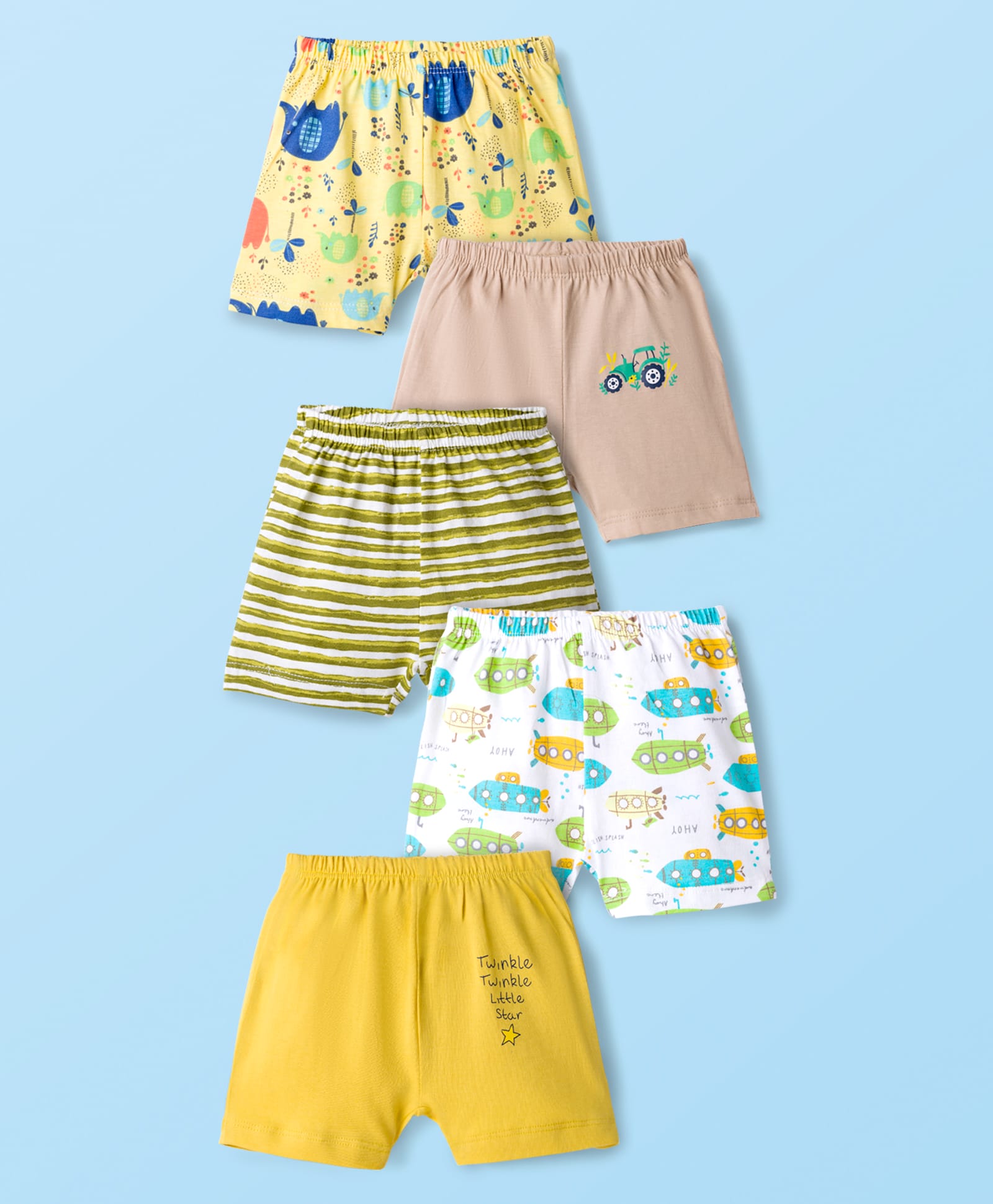 OHMS Single Jersey Knit Above Knee Length Striped Shorts with Jungle Theme Print Pack of 5 - Multicolor-picture-31