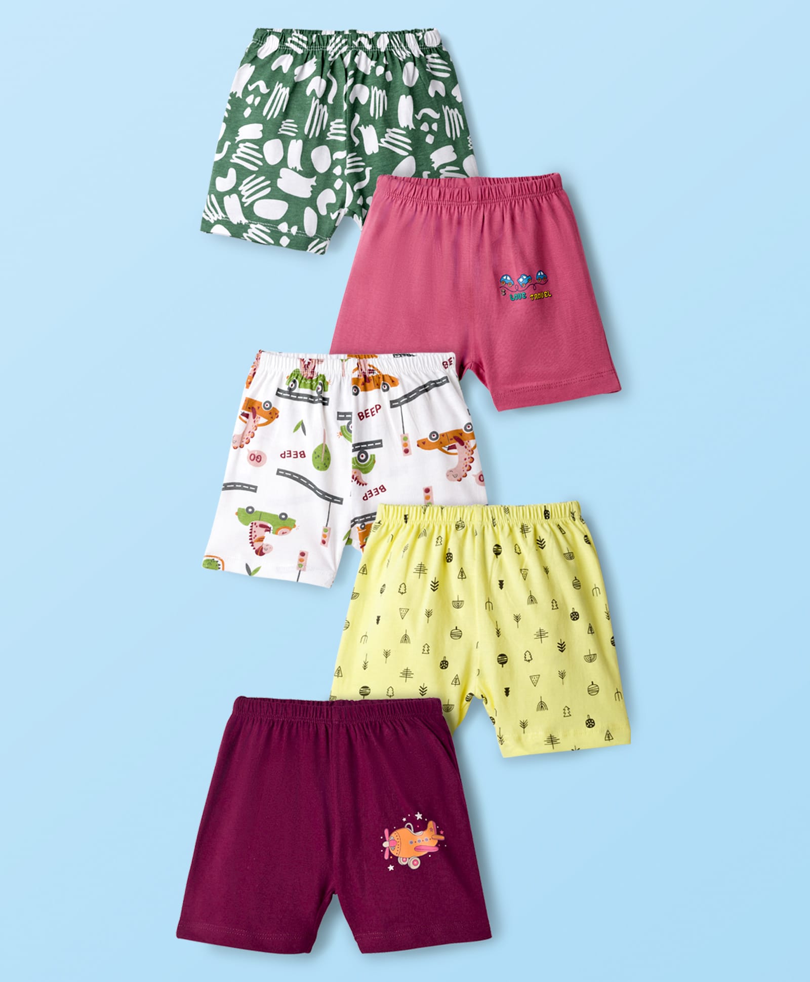OHMS Single Jersey Knit Above Knee Length Shorts with Jungle Theme Print Pack of 5 - Multicolor-picture-25