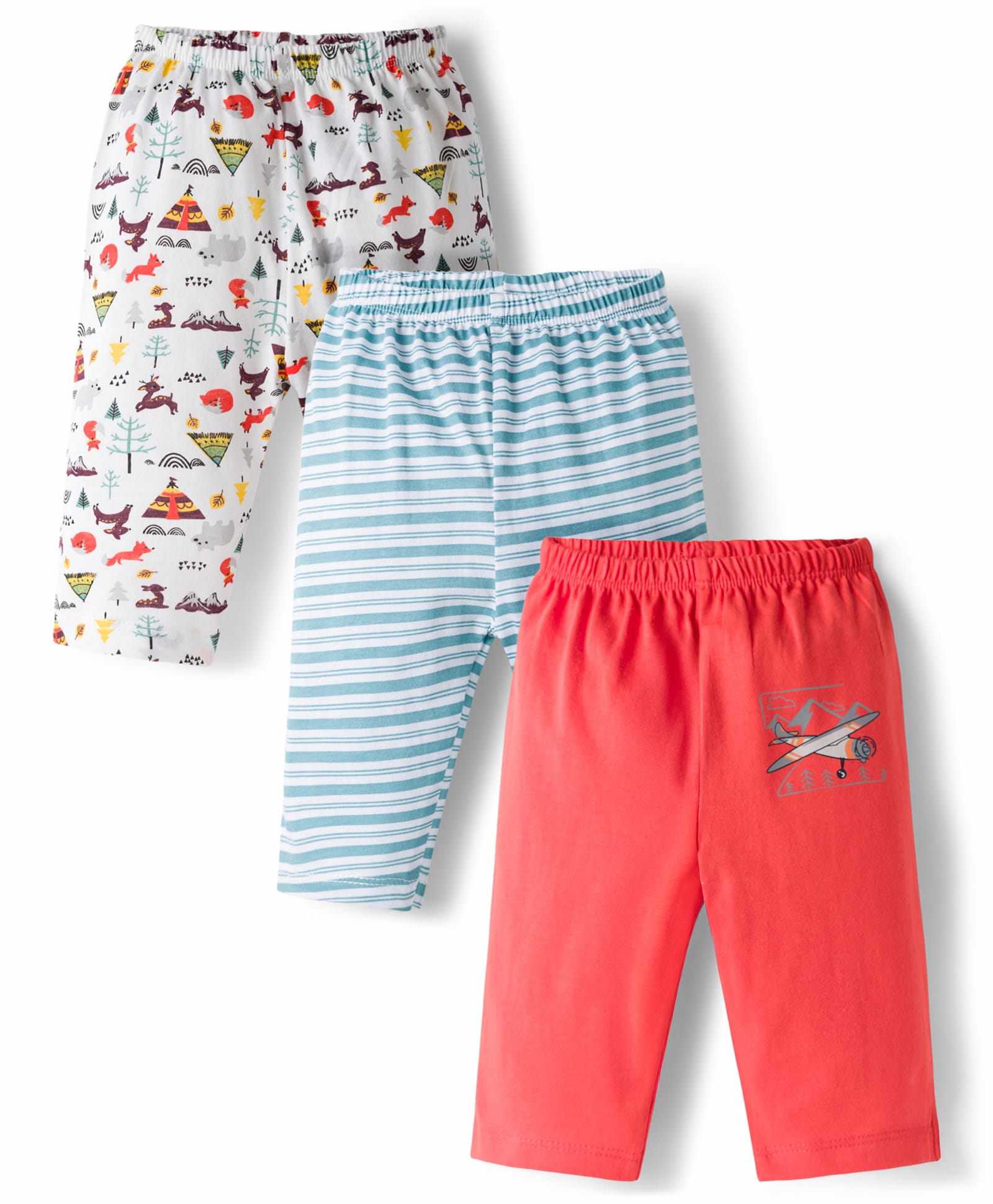 OHMS Single Jersey Knit Full Length Lounge Pant With Aeroplane & Snow Theme Print Pack Of 3 - Red Light Blue & White-image-25