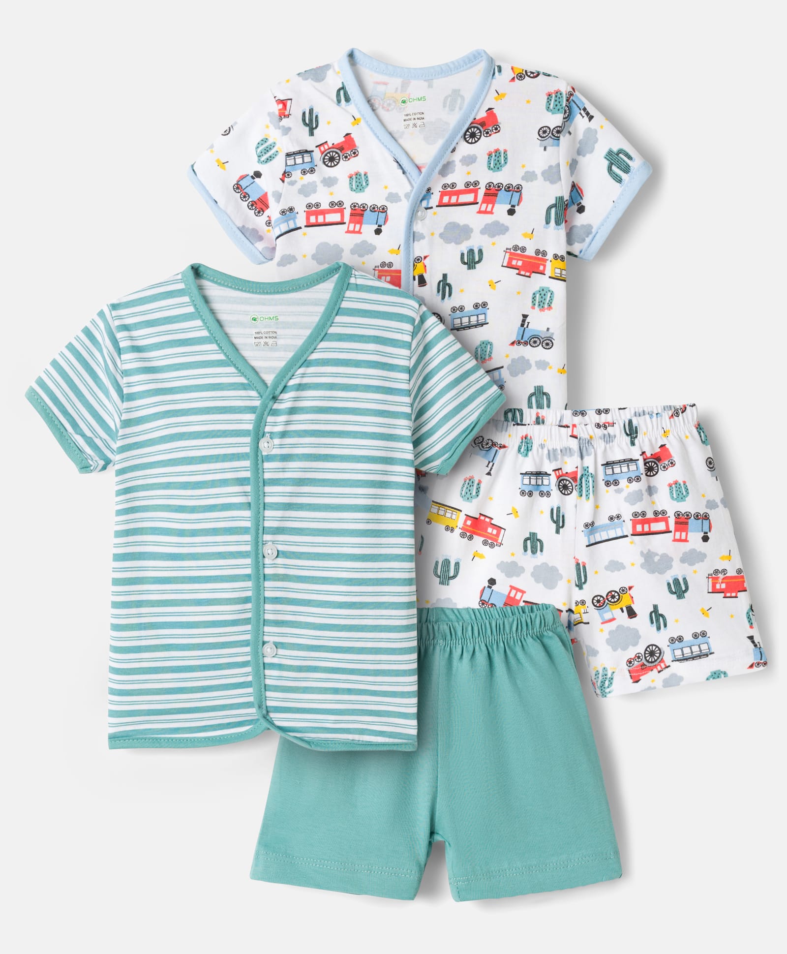 OHMS Single Jersey Knit Half Sleeves T-Shirts & Shorts Co-ord Night Suits With Stripes & Train Print Pack of 2 - Green & White-image-16