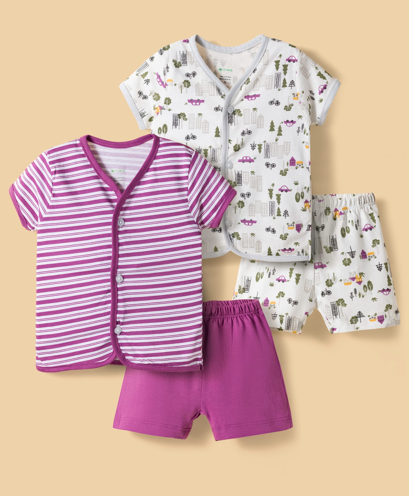 OHMS Single Jersey Knit Half Sleeves T-Shirt & Shorts Night Suits with City Print & Stripes Pack of 2 - Purple & White-image-23