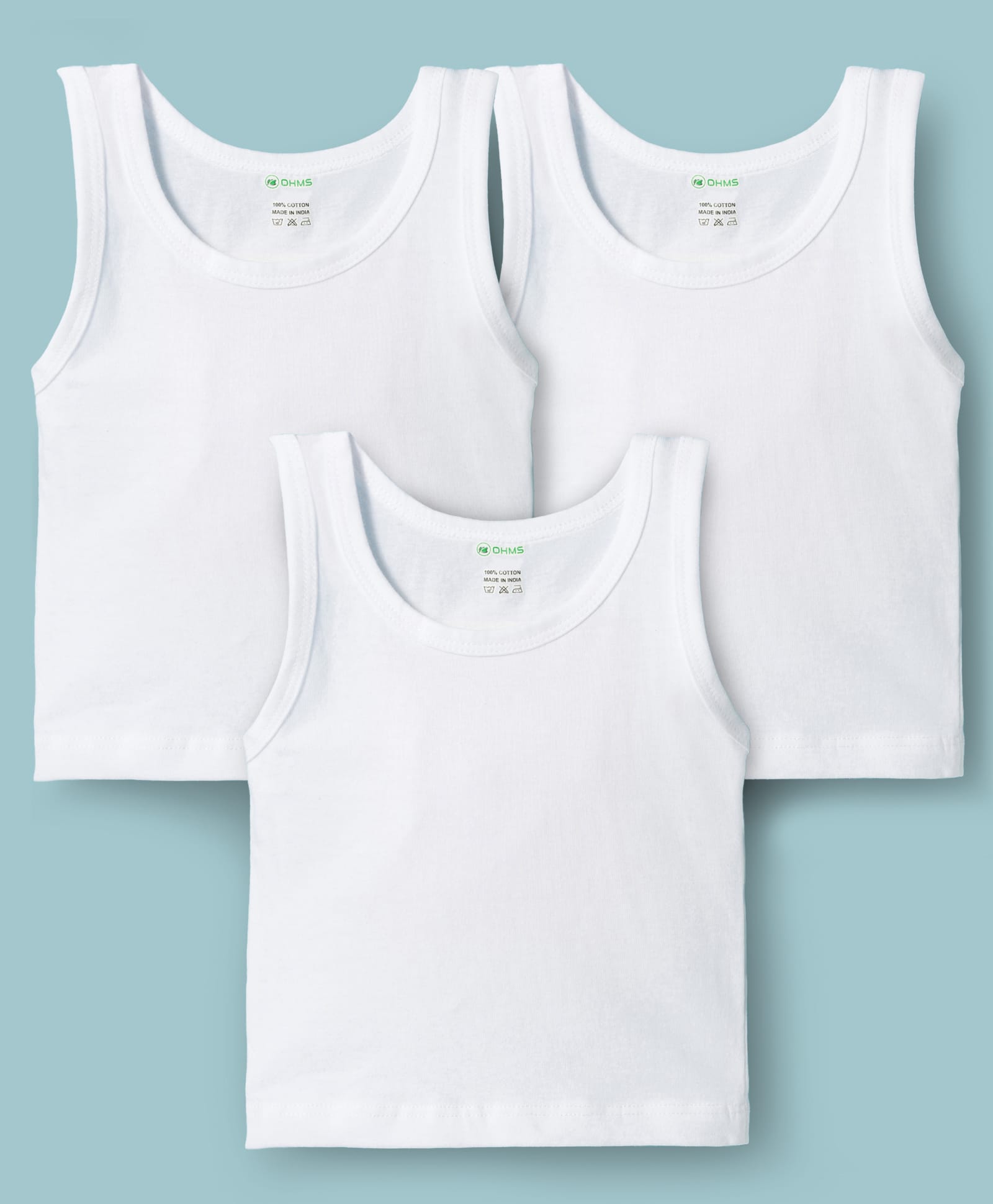 OHMS Single Jersey Knit Sleeveless Solid Colour Vests Pack of 3 - White-image-31