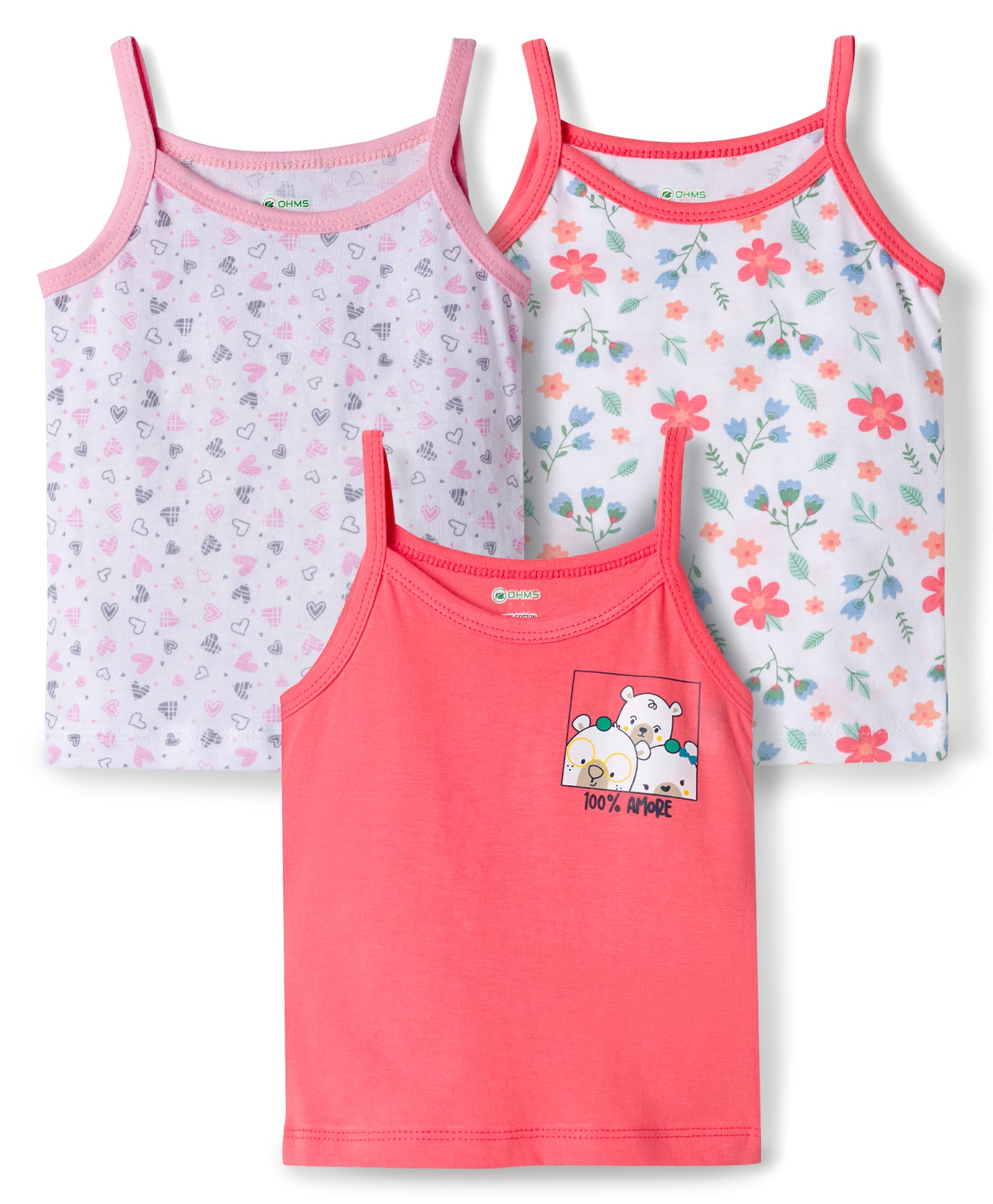 OHMS Single Jersey Knit Sleeveless Floral & Heart Printed Slips Pack of 3 - Multicolor-image-45