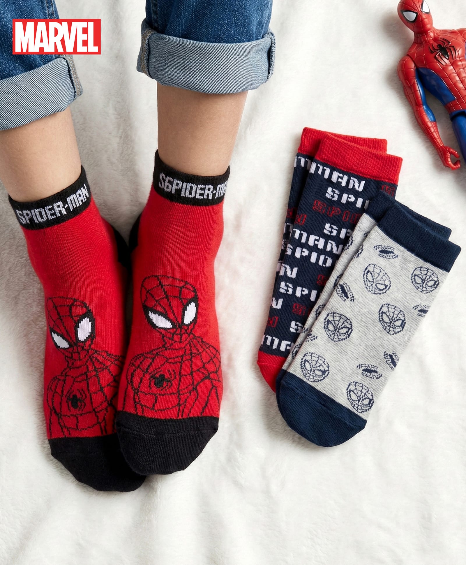Pine Kids Marvel Non Terry Knit Ankle Length Anti Bacterial Socks With Spider-Man Graphics Pack of 3 - Red Grey & Black-image-22