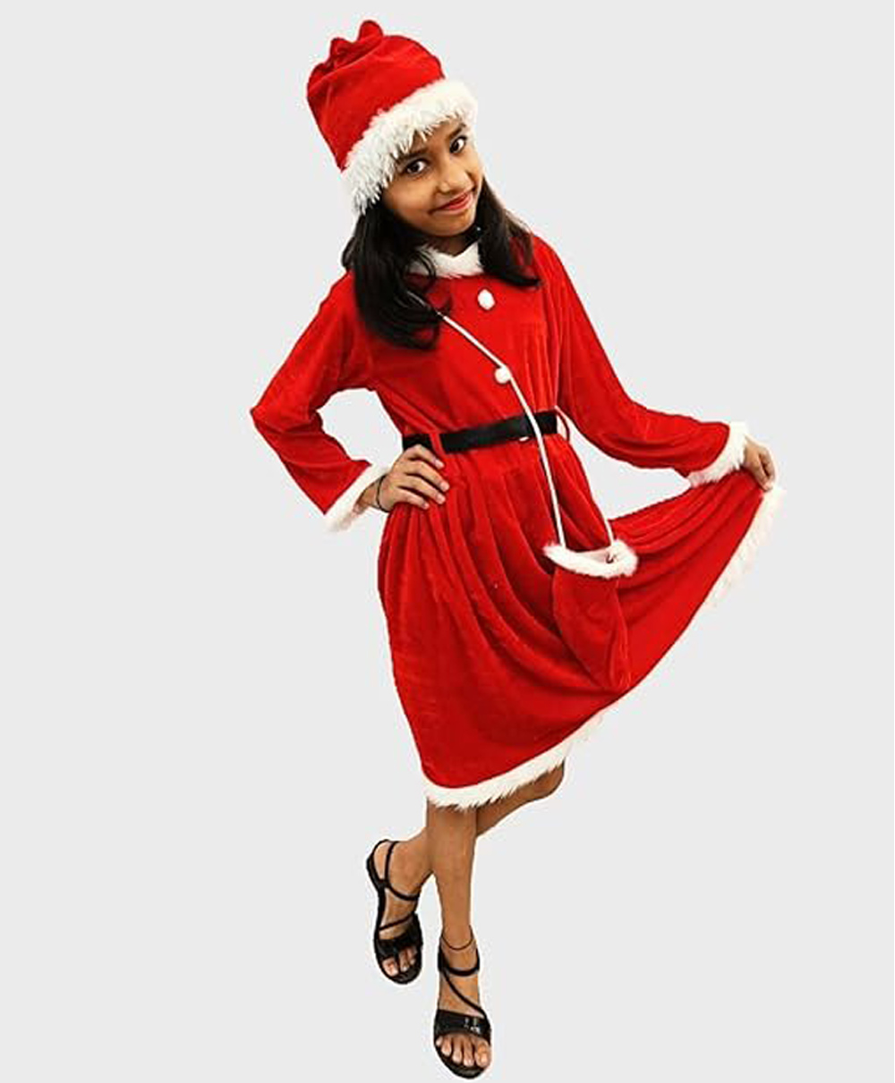 BookMyCostume Velvet Full Sleeves Santa Designed Dress Costume Set With Goodies Bag - Red & White-image-44