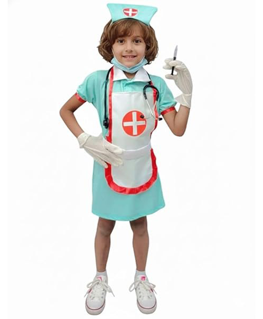 BookMyCostume Nurse Costume Set With Apron Hair Band Stethoscope Syringe Gloves - Sea Green & White-image-49