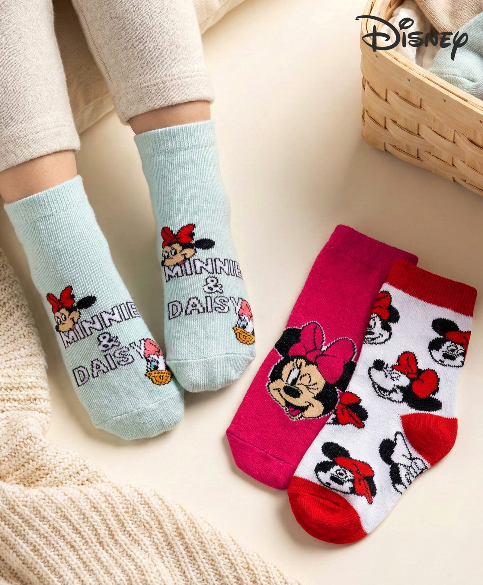 Cute Walk by Babyhug Disney Knit Ankle Length Socks With Minnie Mouse Graphics Pack Of 3 - Dark Pink White & Sea Green-image-44