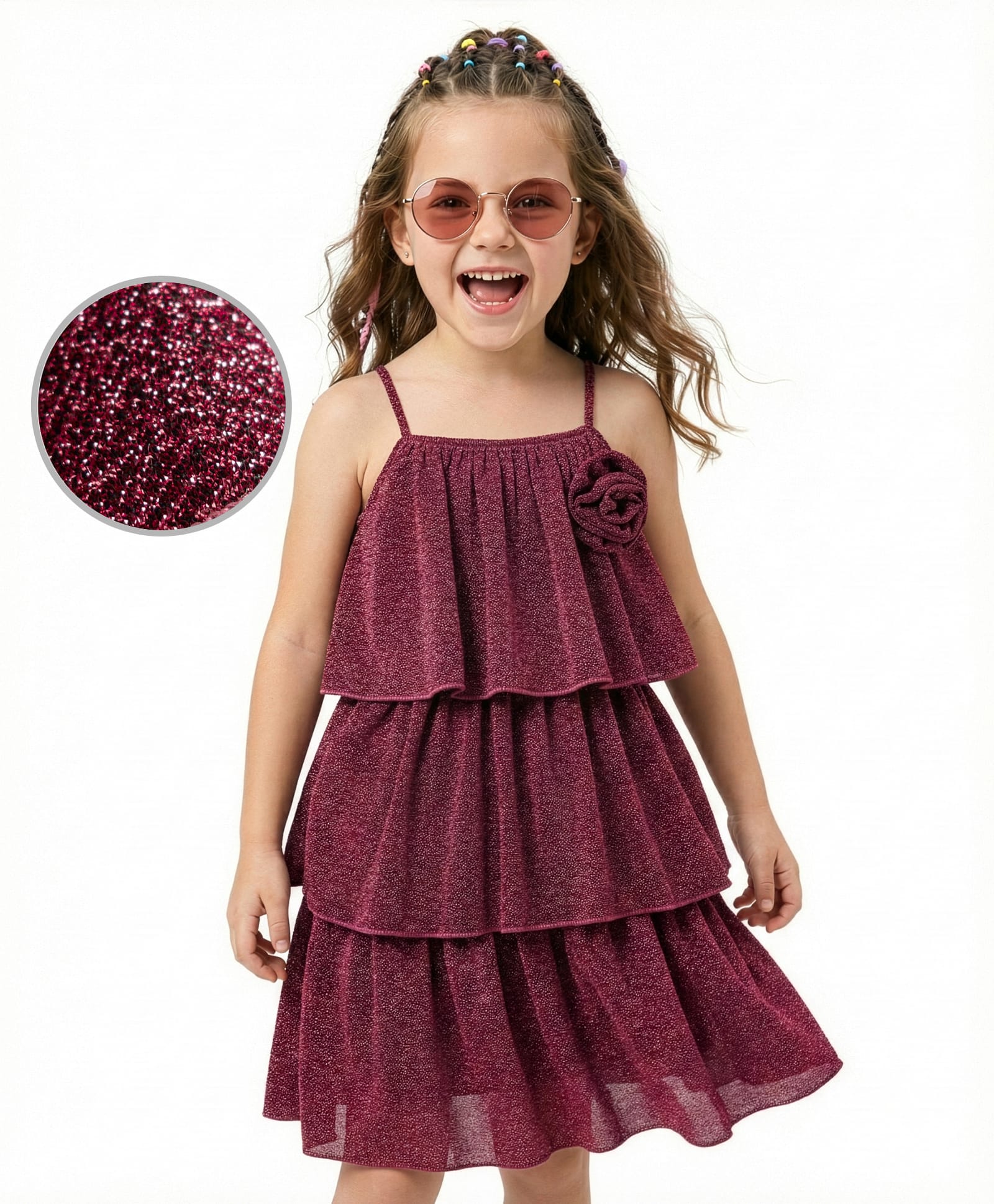 Hola Bonita Knit Sleeveless Shimmer Pleated Tiered Party Dress with Floral Applique - Rose Gold-image-15