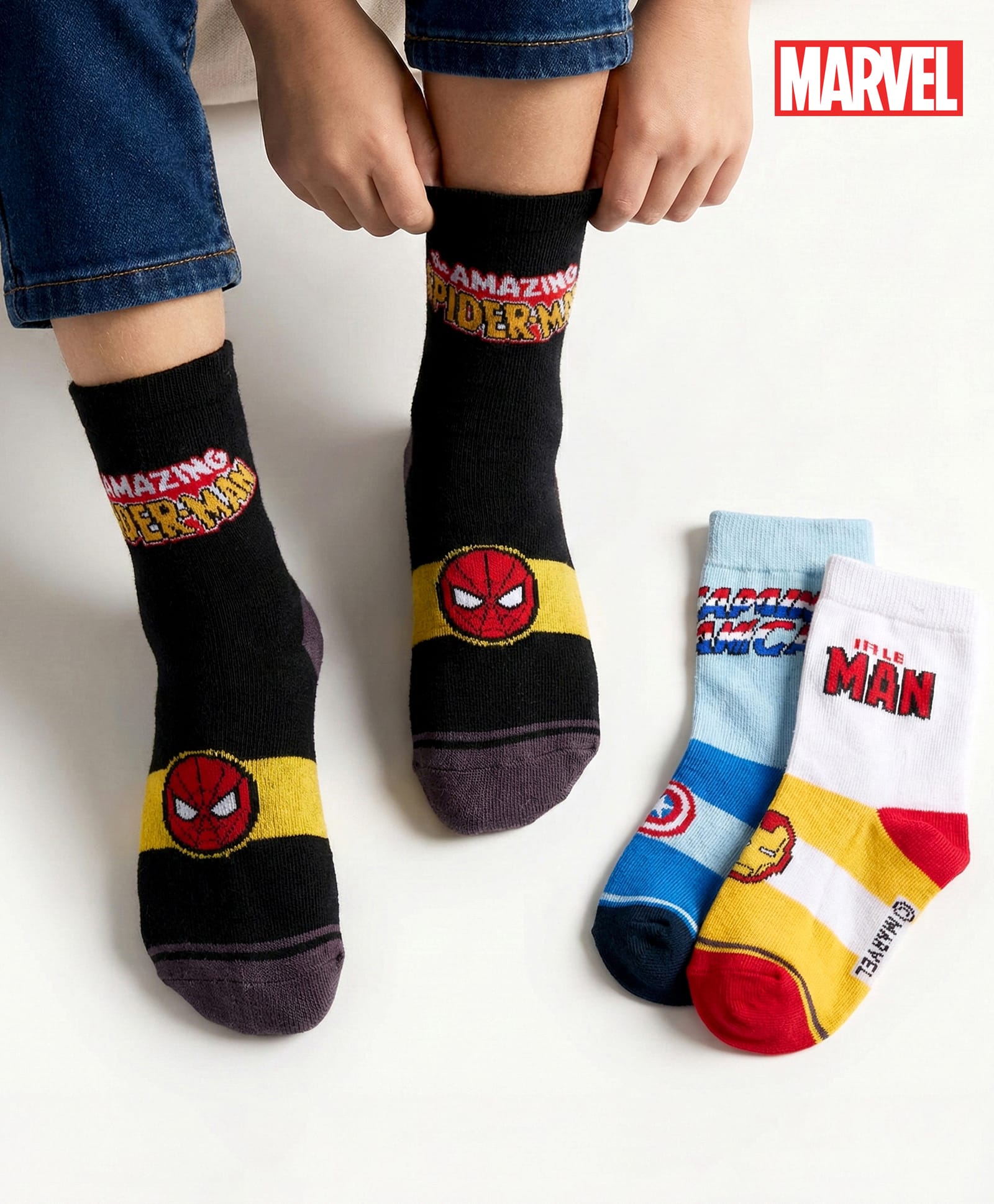 Pine Kids Marvel Non Terry Knit Ankle Length Anti Bacterial Socks With Avengers Graphics Pack of 3 - Black Light Blue & White-image-3