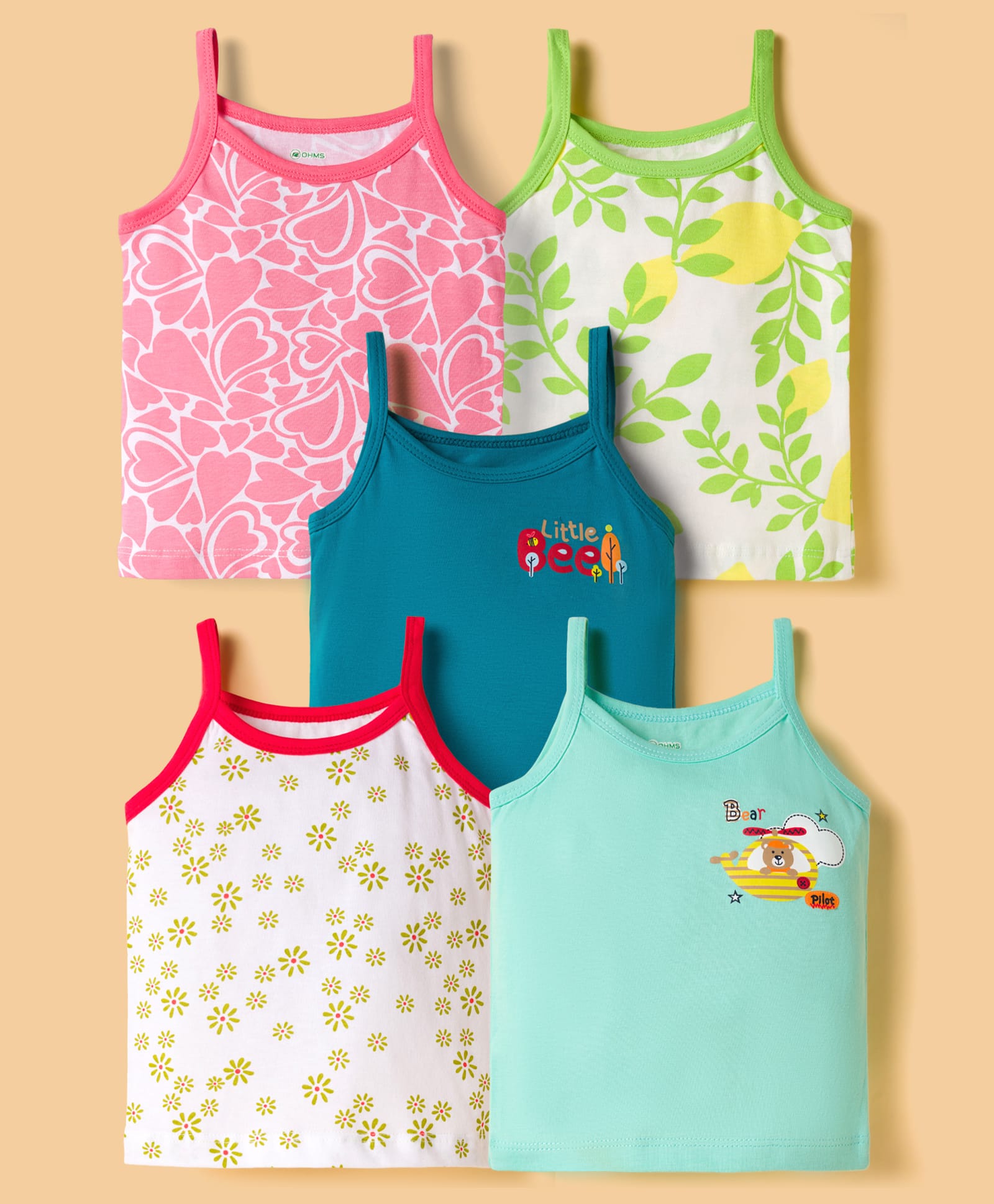 OHMS Single Jersey Knit Sleeveless Hearts Floral & Bee Printed Slips Pack Of 5 - Multicolour-image-24