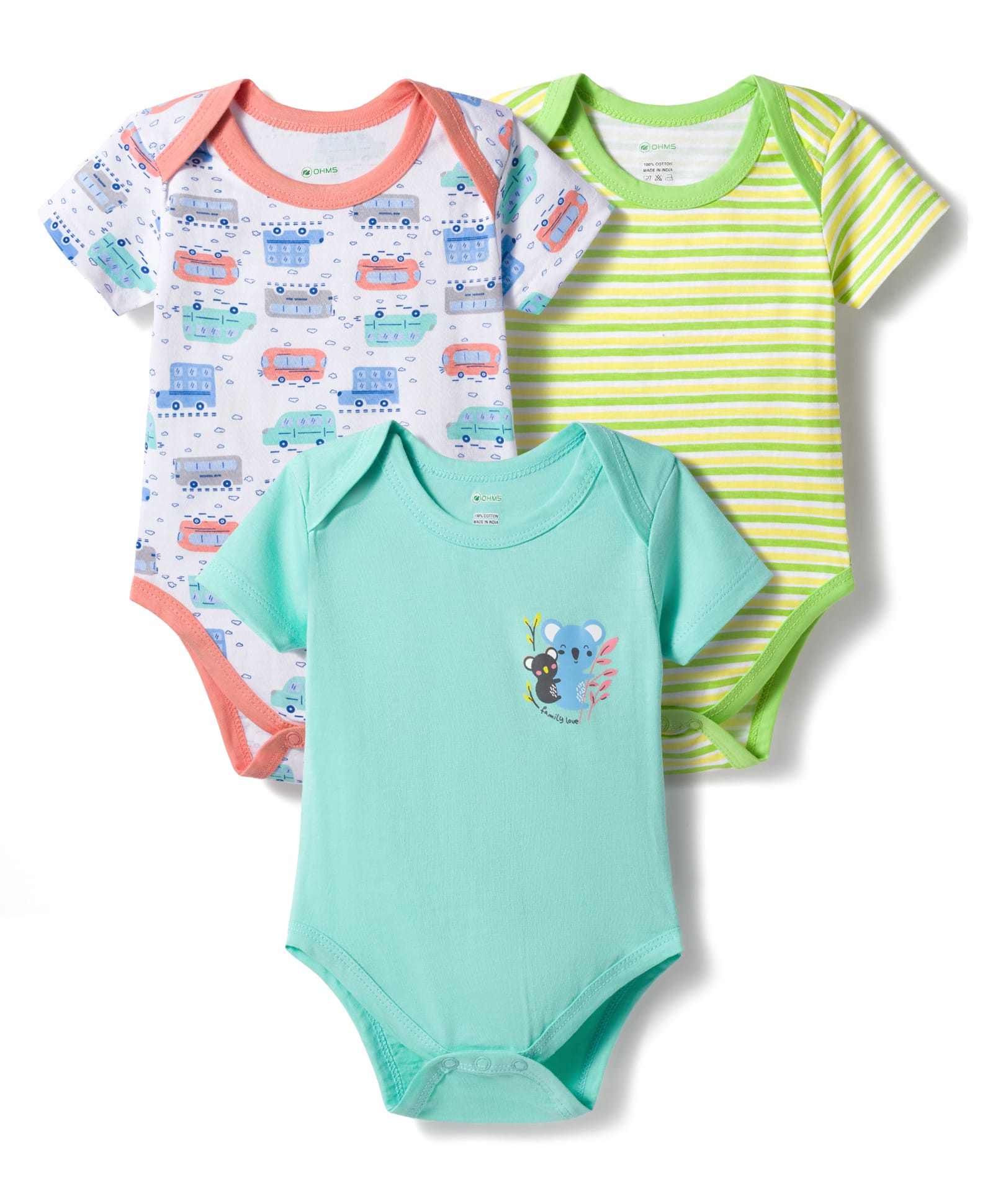 OHMS Single Jersey Knit Half Sleeves Onesies with Striped Car & Animal Print Pack of 3 - Green White & Blue-picture-17