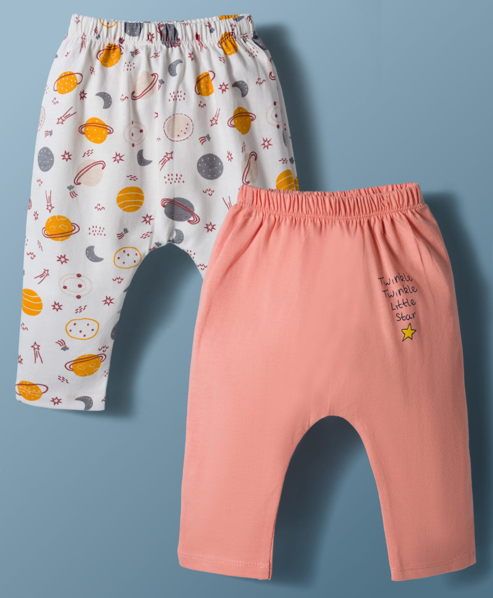 OHMS Single Jersey Knit Full Length Space Theme Printed Diaper Leggings Pack Of 2 - Peach & White-picture-24