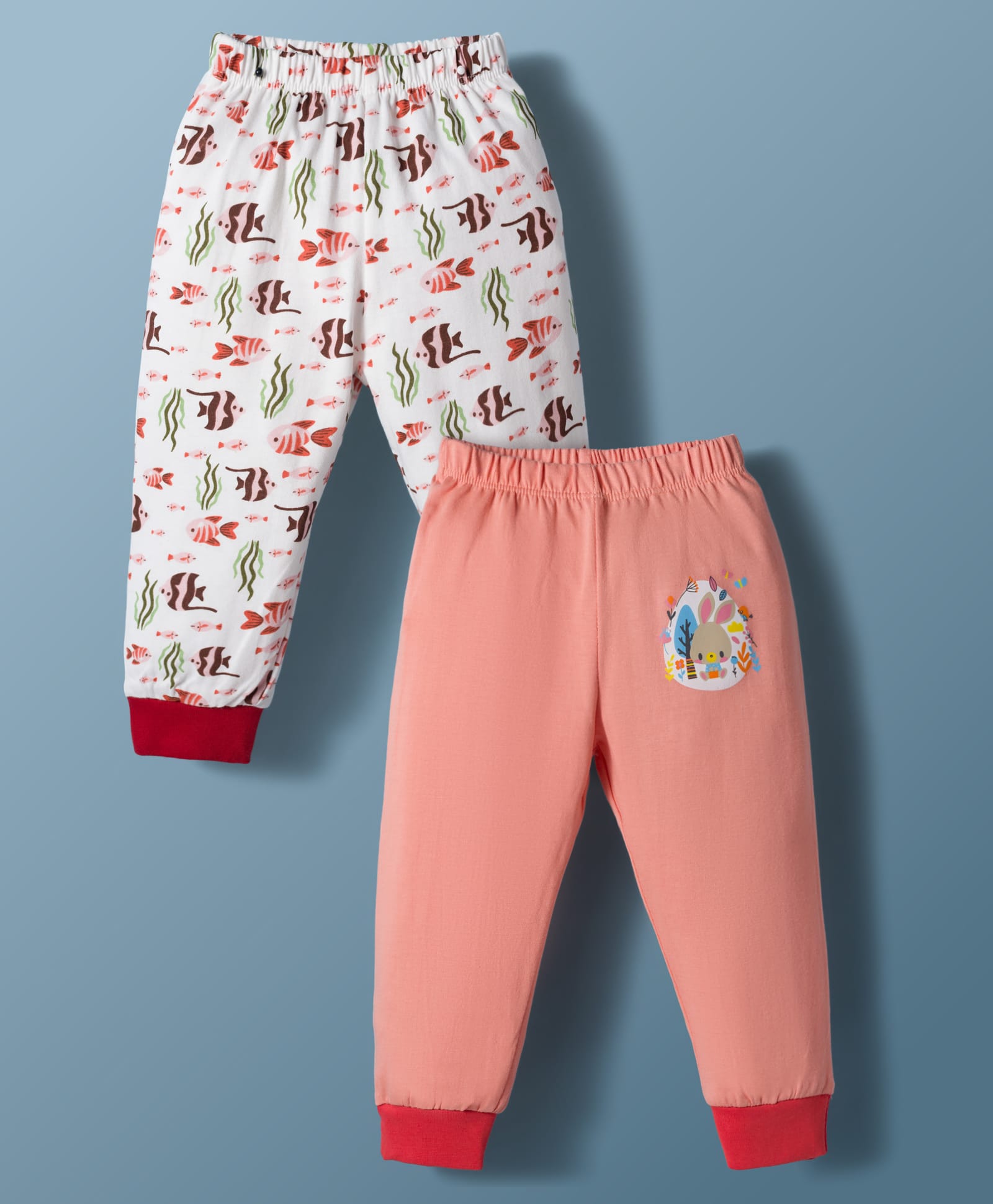 OHMS Single Jersey Knit Full Length Sea Life & Bunny Printed Lounge Pants Pack Of 2 - Peach & White-picture-26