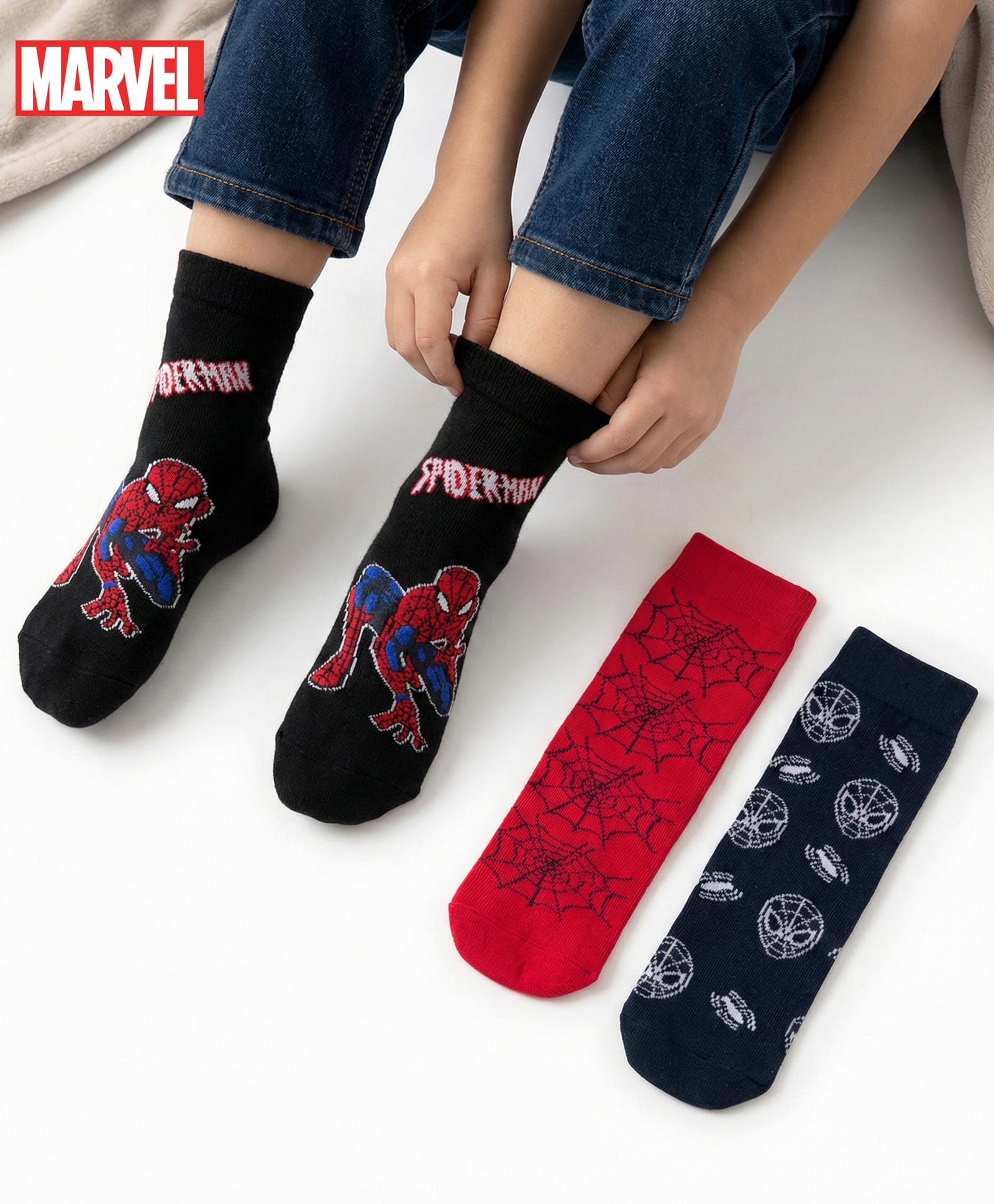 Pine Kids Marvel Non Terry Knit Ankle Length Anti Bacterial Socks With Spider-Man Graphics Pack of 3 - Red & Black