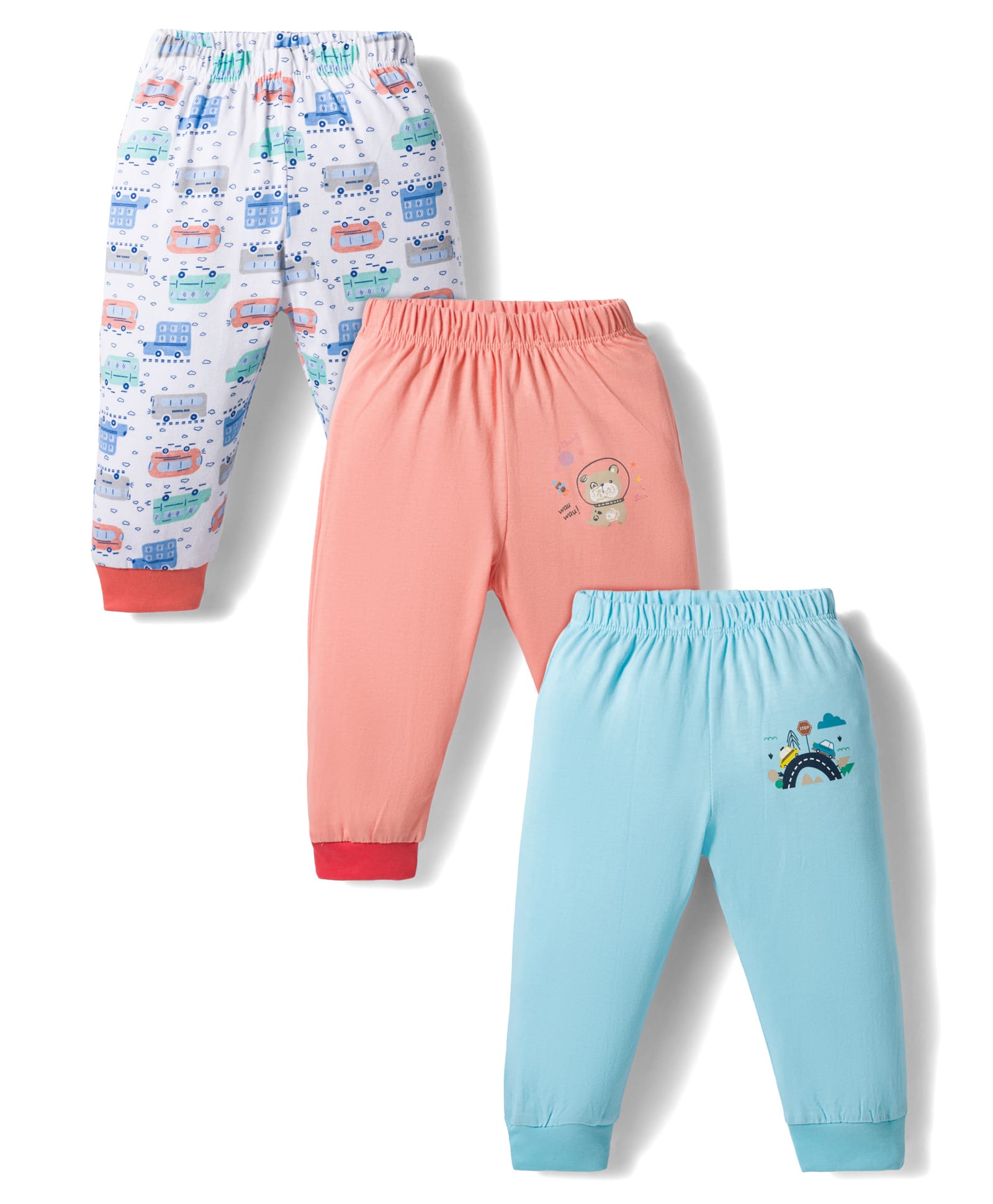 OHMS Single Jersey Knit Full Length Lounge Pants with Vehicle & Animal Print Pack of 3 - White Pink & Aqua Blue-image-49