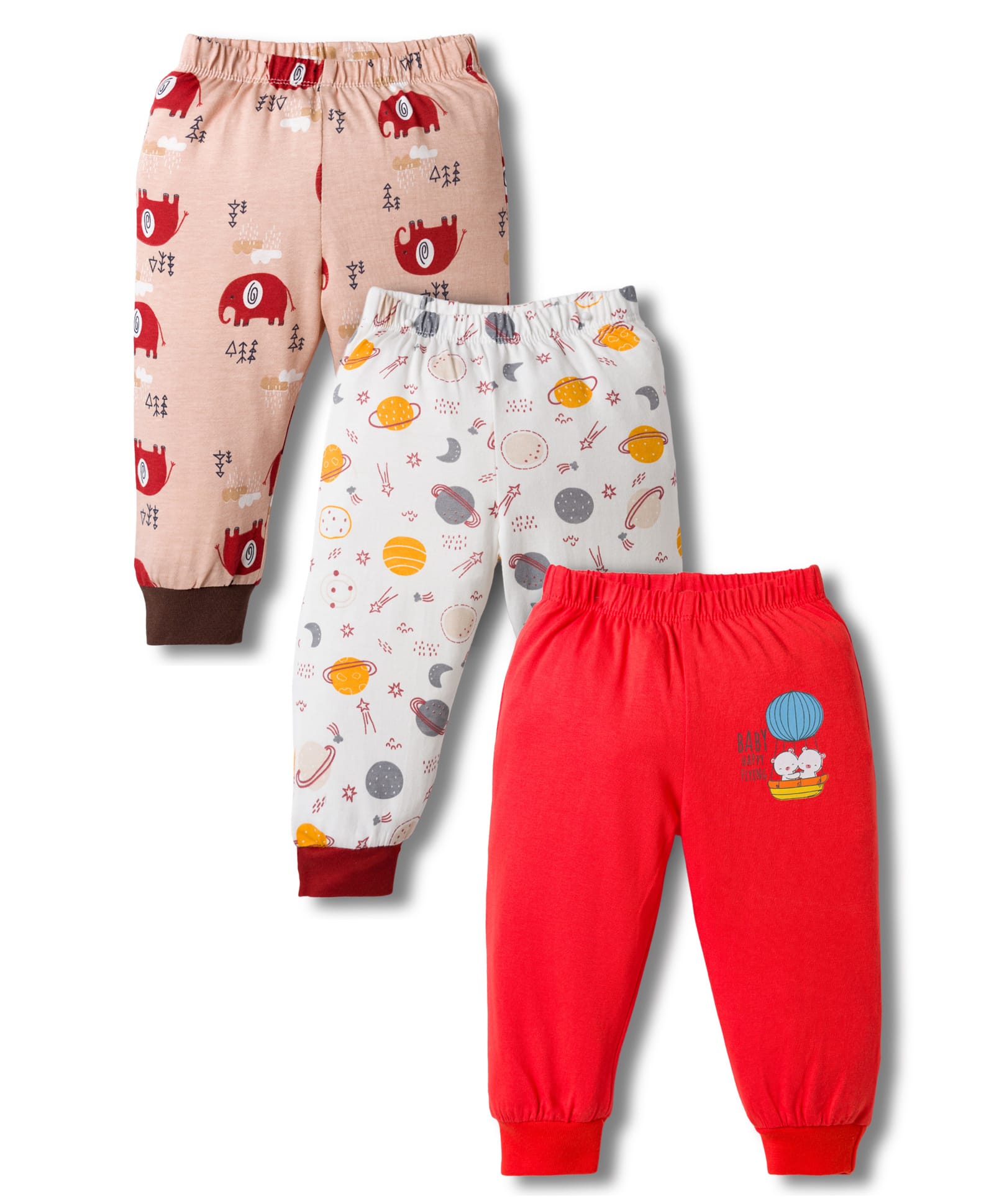 OHMS Single Jersey Knit Full Length Animal & Space Theme Printed Lounge Pants Pack of 3 - Red White & Brown-picture-14