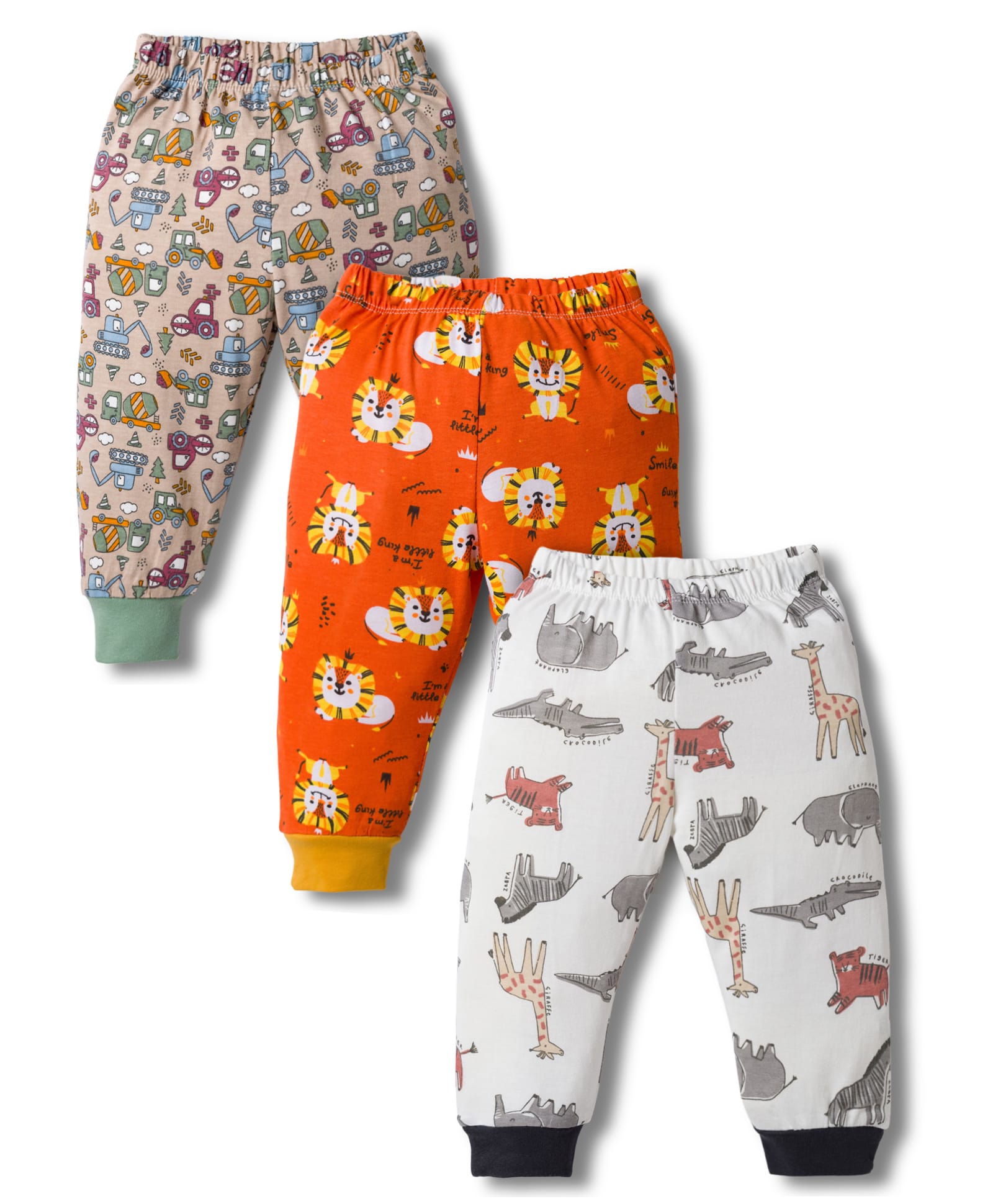 OHMS Single Jersey Knit Full Length Animal & Tractor Printed Lounge Pants Pack of 3 - Brown White & Orange-image-0