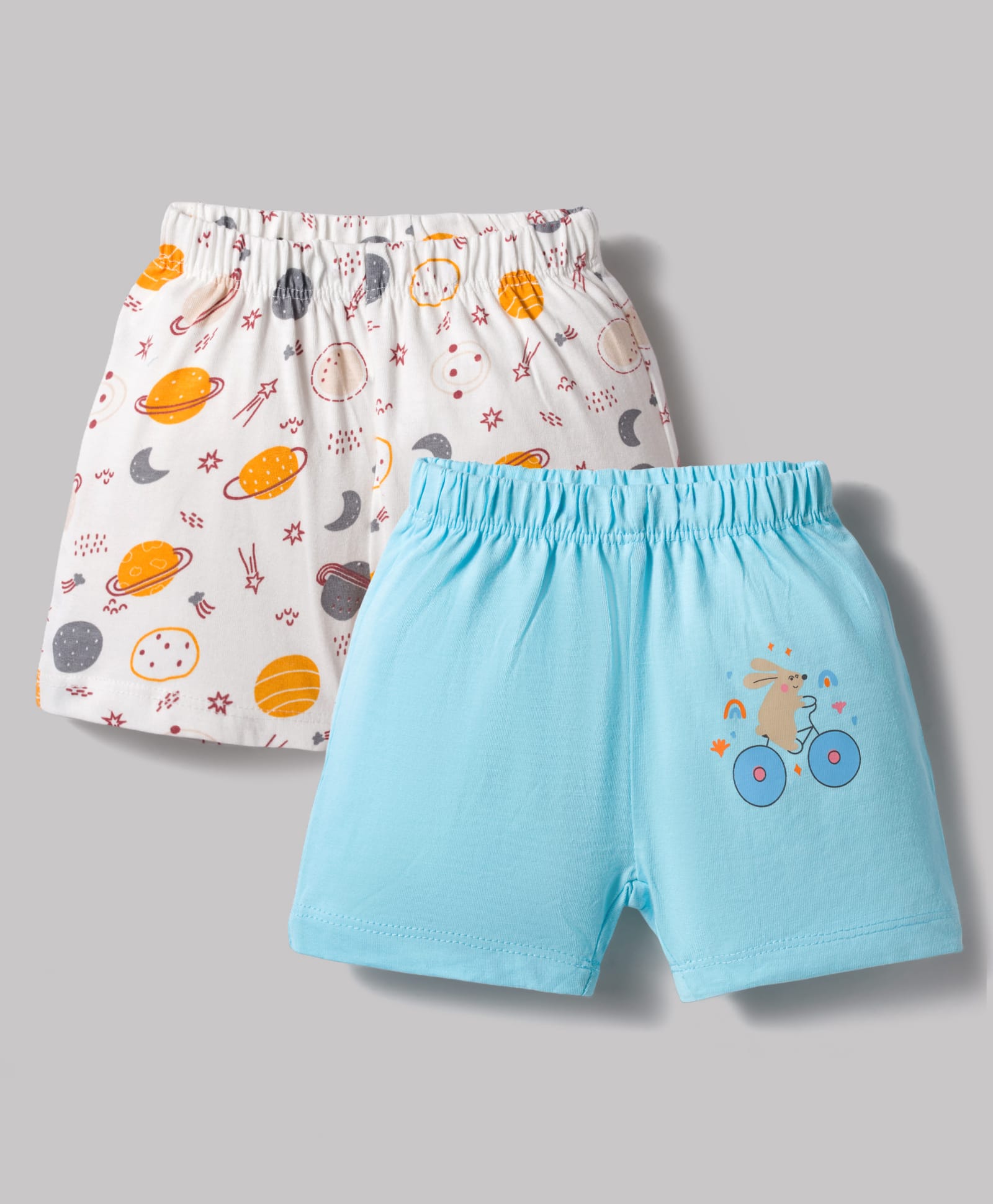 OHMS Single Jersey Knit Above Knee Length Shorts with Space Theme & Bunny Print Pack of 2 - White & Blue-picture-10
