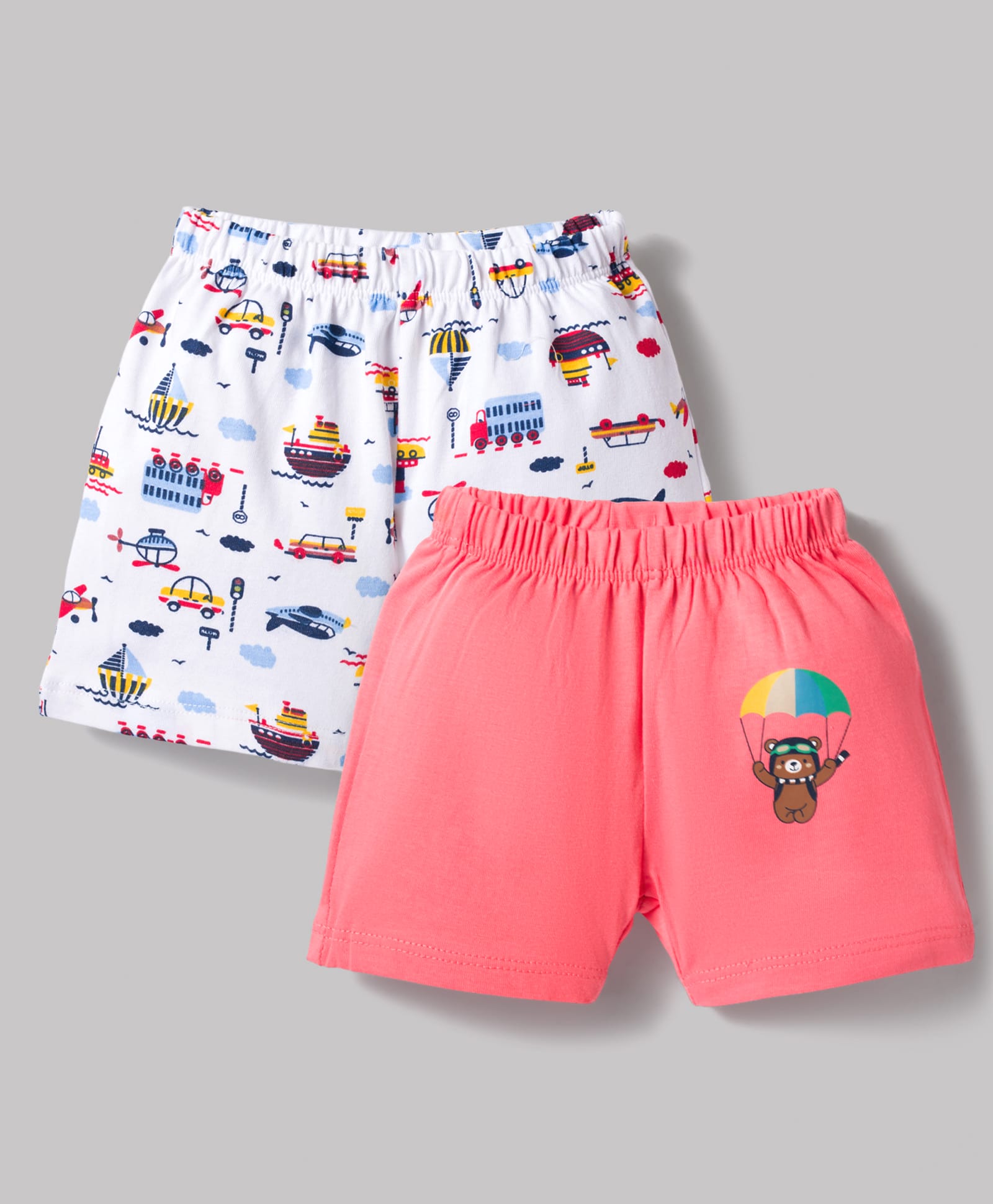 OHMS Single Jersey Knit Above Knee Length Shorts with Car & Bear Print Pack of 2 - White & Pink-picture-30