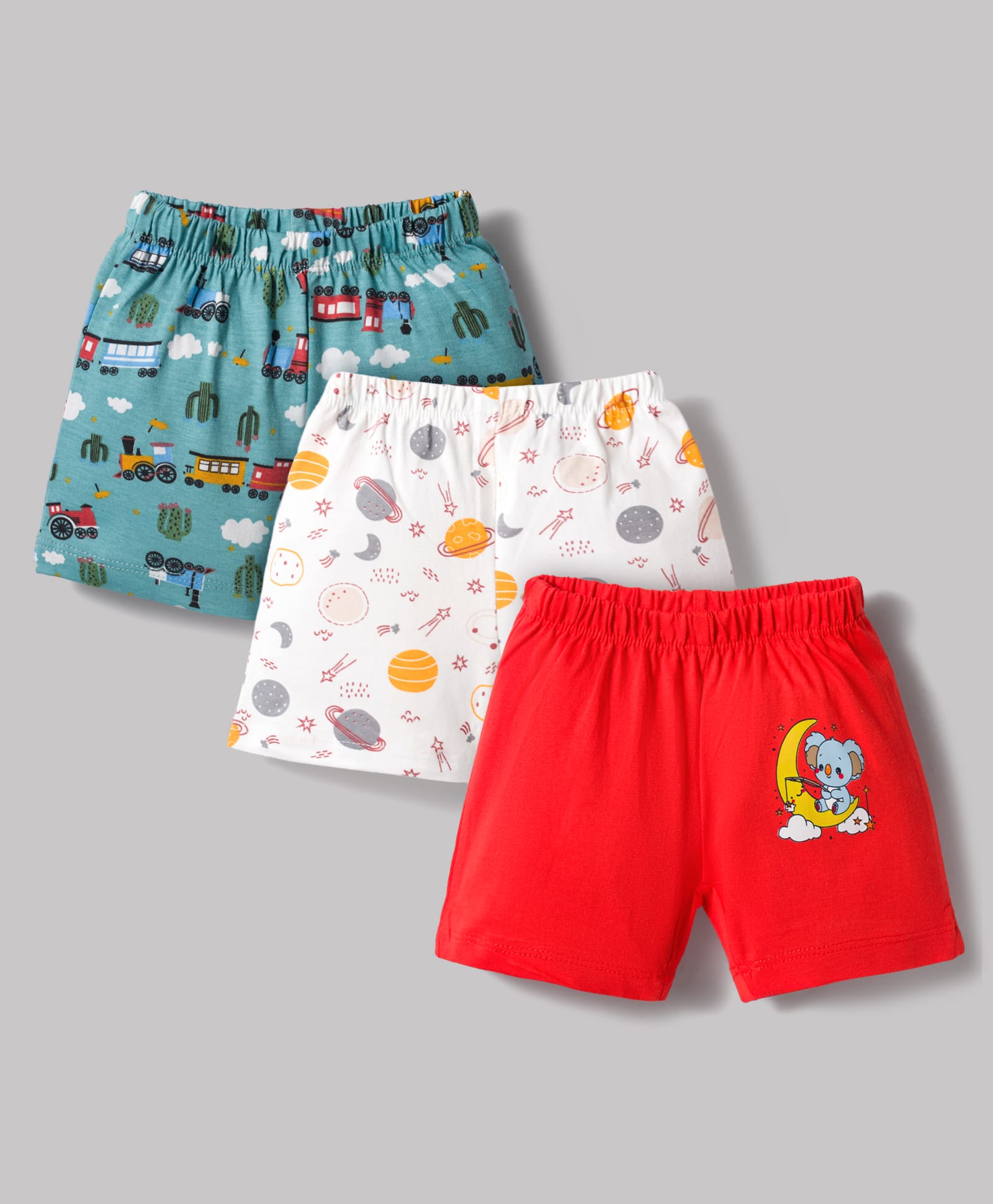 OHMS Single Jersey Knit Above Knee Length Shorts with Car Koala & Space Theme Print Pack of 3 - White Red & Blue-picture-18