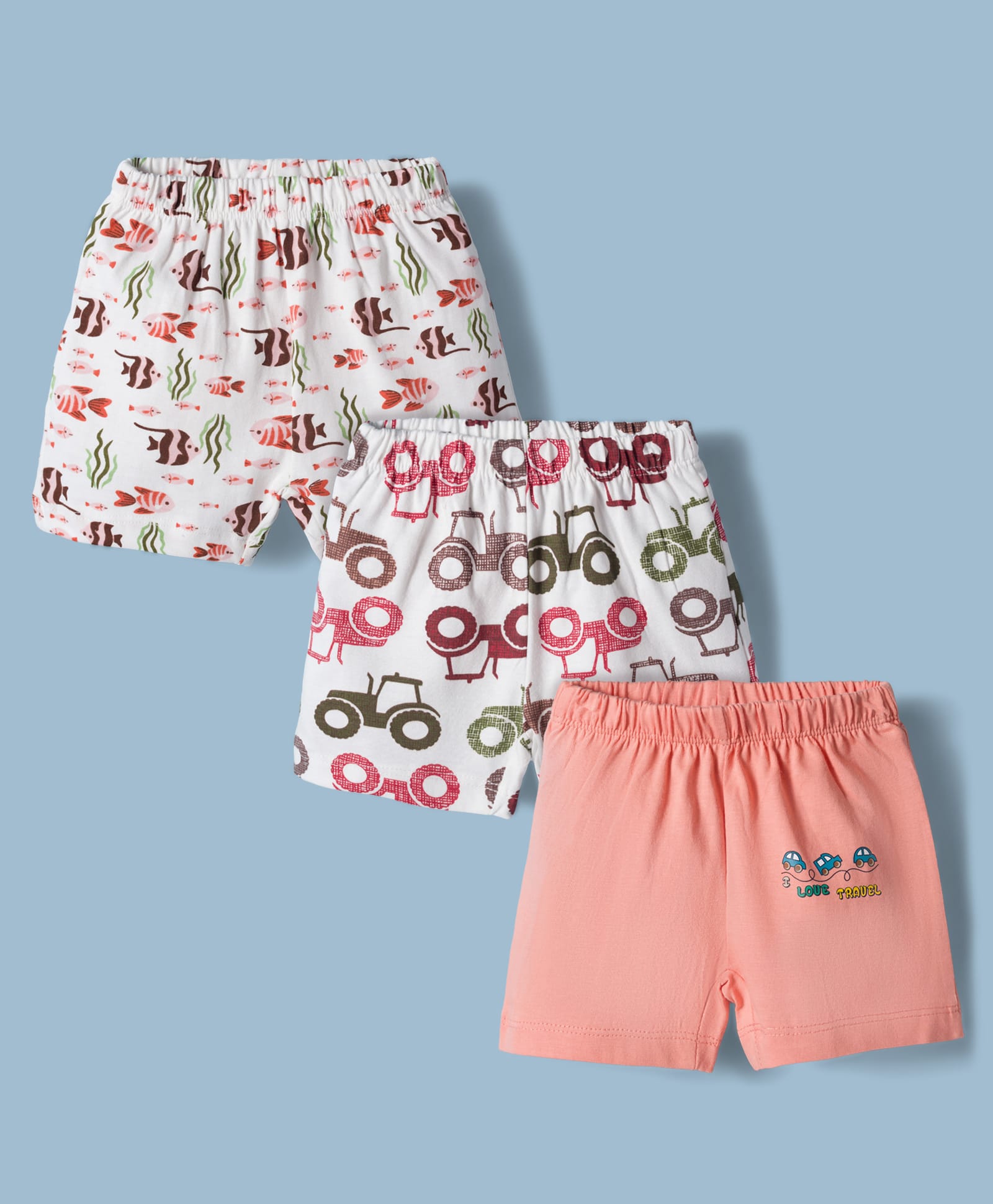OHMS Single Jersey Knit Above Knee Length Shorts with Sea Life & Tractor Print Pack of 3 - Multicolor-picture-26