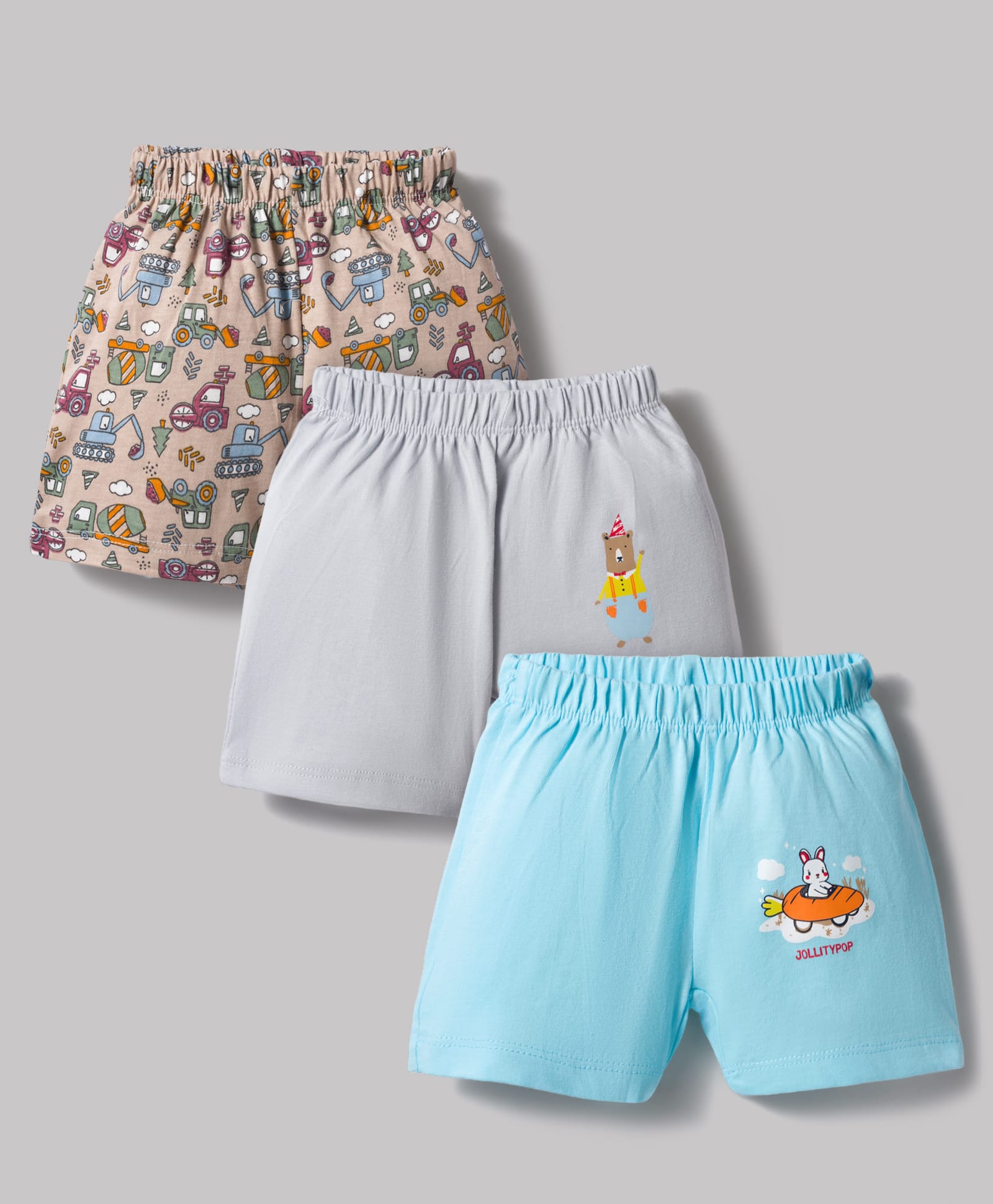 OHMS Single Jersey Knit Above Knee Length Shorts with Vehicle & Animal Print Pack of 3 - Light Blue Grey & Brown-picture-26