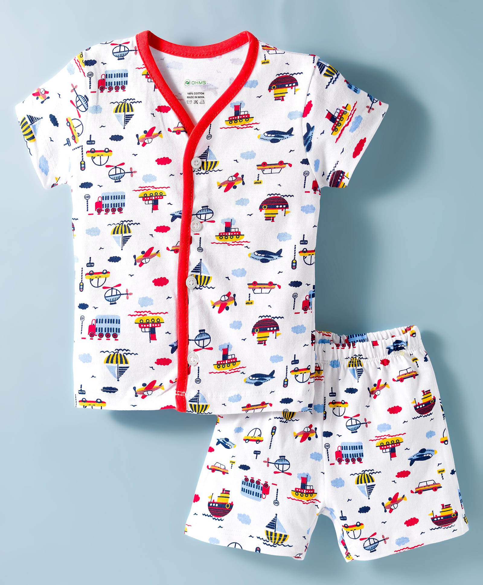 OHMS Single Jersey Knit Half Sleeves Vehicles Printed Co-Ords T-Shirt & Shorts Night Suit - Red-image-41