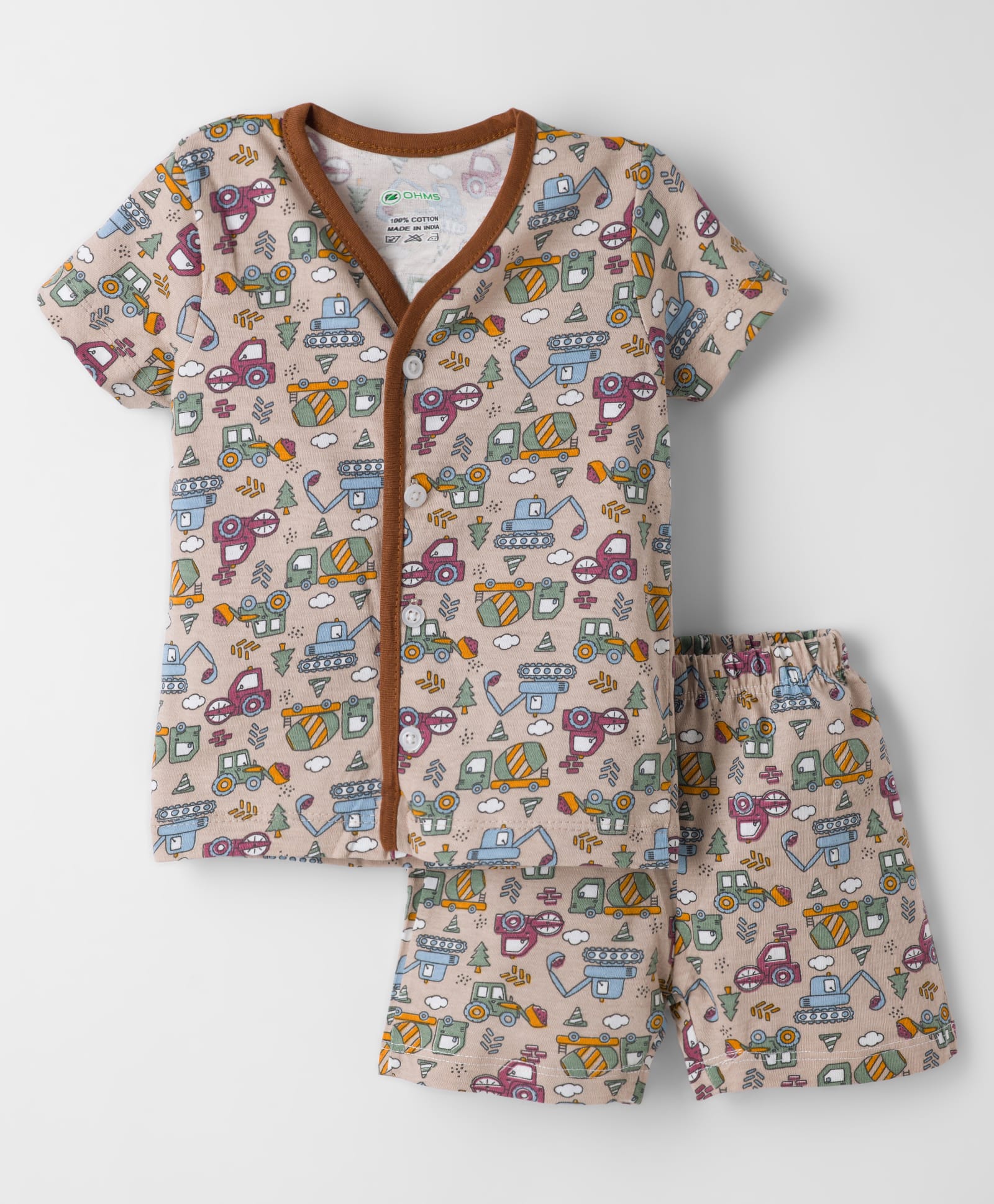 OHMS Single Jersey Knit Construction Vehicles Printed Co-Ords T-Shirt & Shorts Night Suit - Brown-image-31
