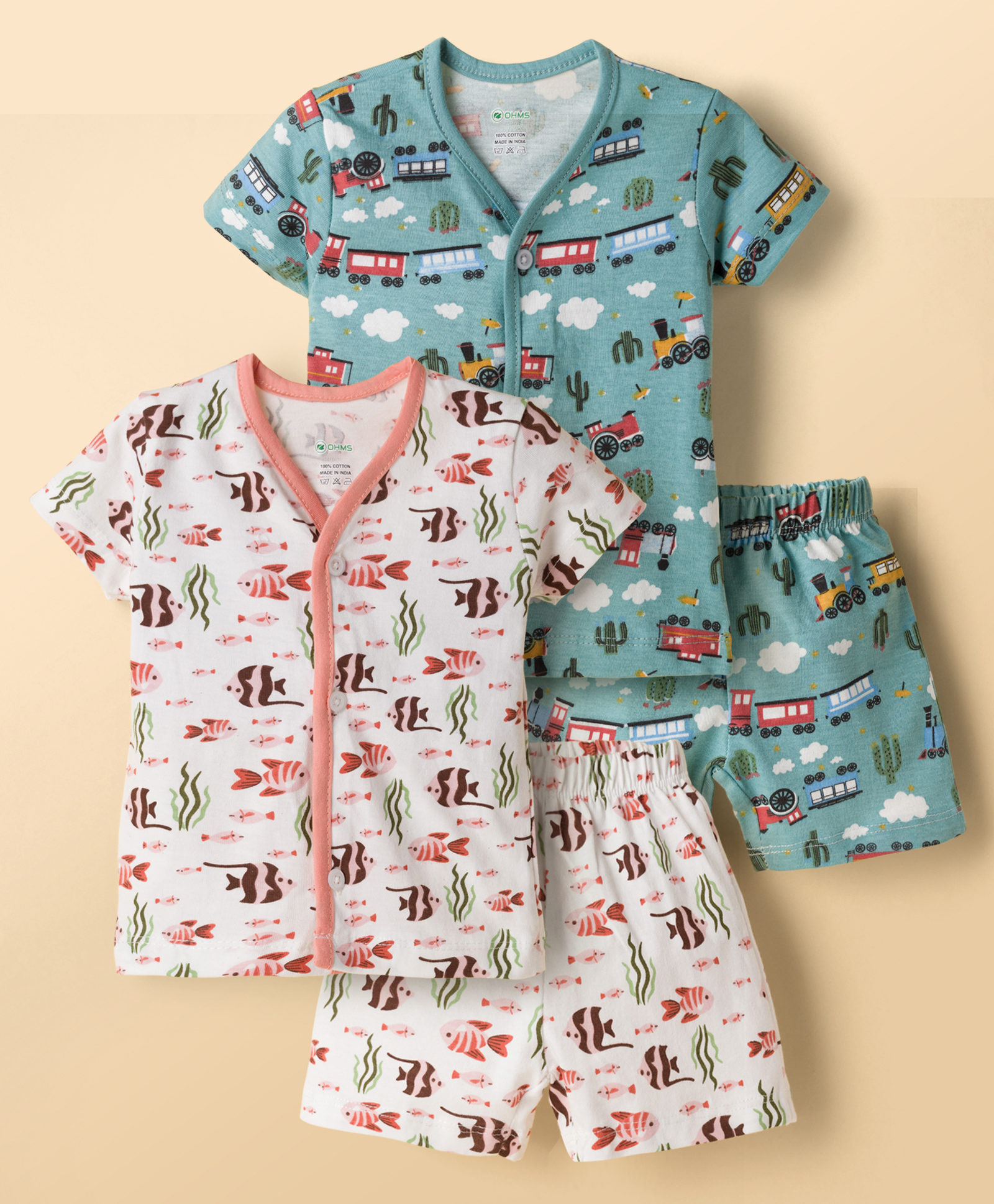 OHMS Single Jersey Knit Half Sleeves Sea Life & Vehicles Printed Co-Ords T-Shirts & Shorts Night Suit Pack of 2 - Multicolour