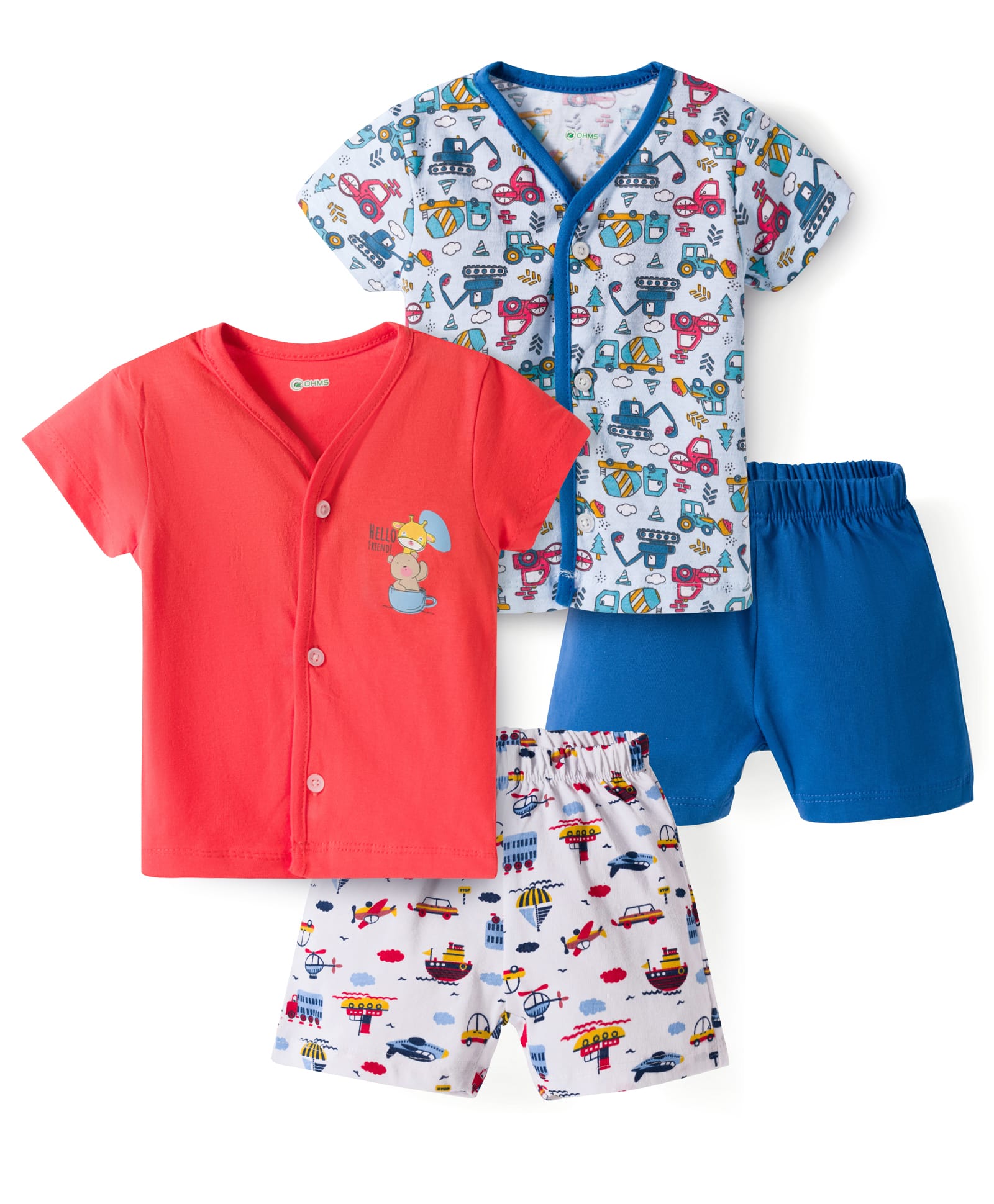 OHMS Single Jersey Knit Half Sleeves T-Shirts & Shorts Night Suits with Construction Vehicle Print Pack of 2 - Red & Blue-image-46