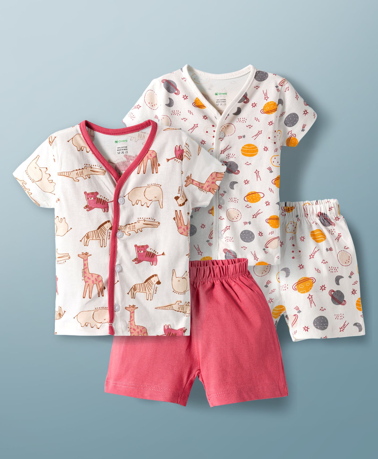 OHMS Single Jersey Knit Half Sleeves Animal & Solar System Printed Co-Ords T-Shirt & Shorts Night Suit Pack Of 2 - White & Red-image-17
