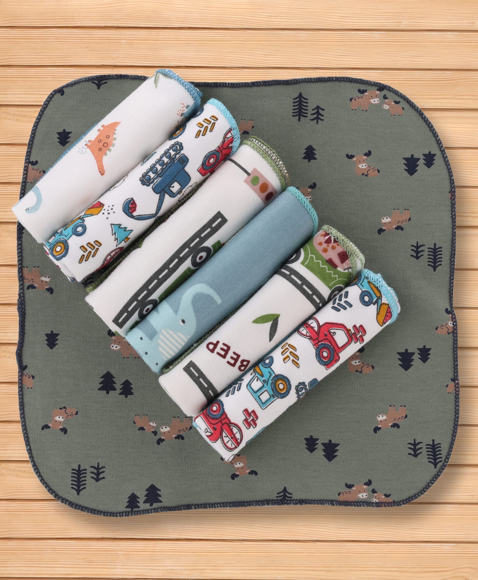 OHMS Interlock Knit Construction Vehicles Printed Hand & Face Towels Pack Of 7 L 23 x B 21 cm - Multicolour-image-23