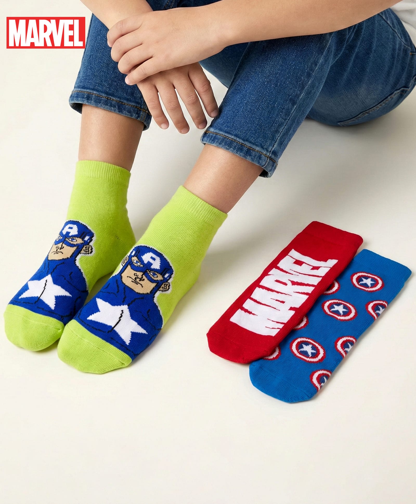 Pine Kids Marvel Non Terry Knit Ankle Length Anti Bacterial Socks With Avengers Graphics Pack of 3 - Red Blue & Green-image-30