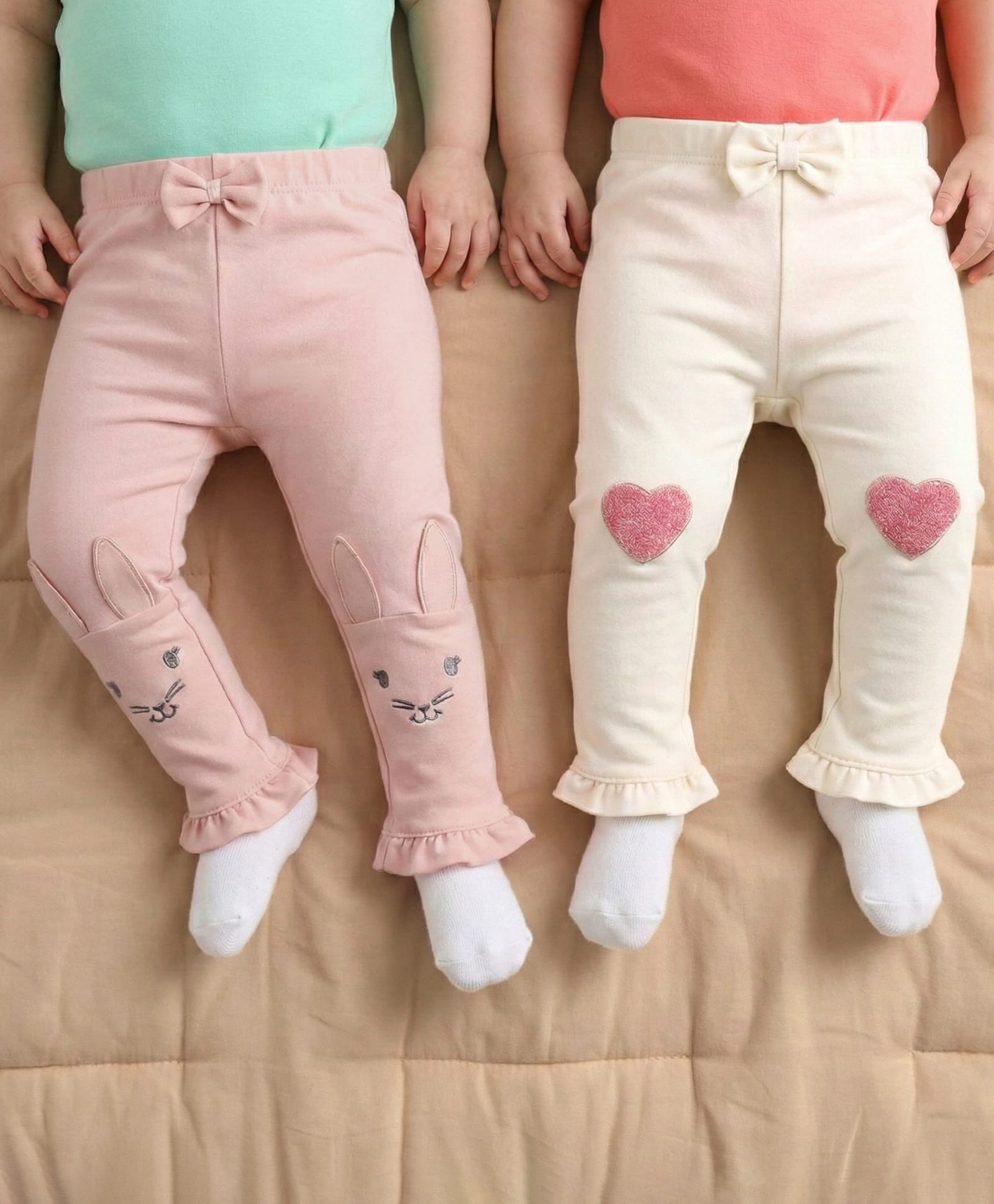 Babyoye 100% Cotton Knit With Eco Jiva Finish Full Lenght Leggings with Bow Applique Bonny & Heart Embroidery Pack of 2 - Pink & Cream-picture-32