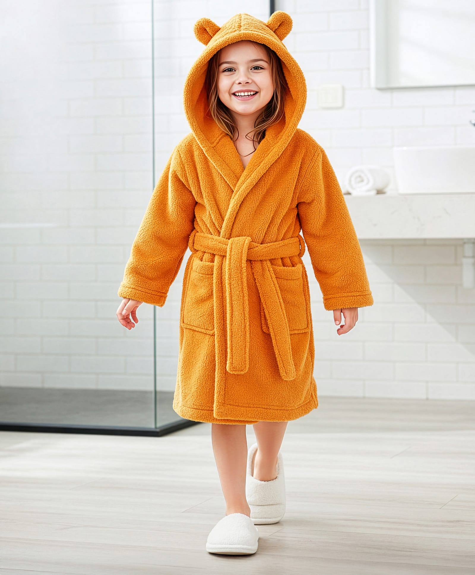 Babyhug Knit Full Sleeves Solid Hooded Bath Robe - Brown-image-13