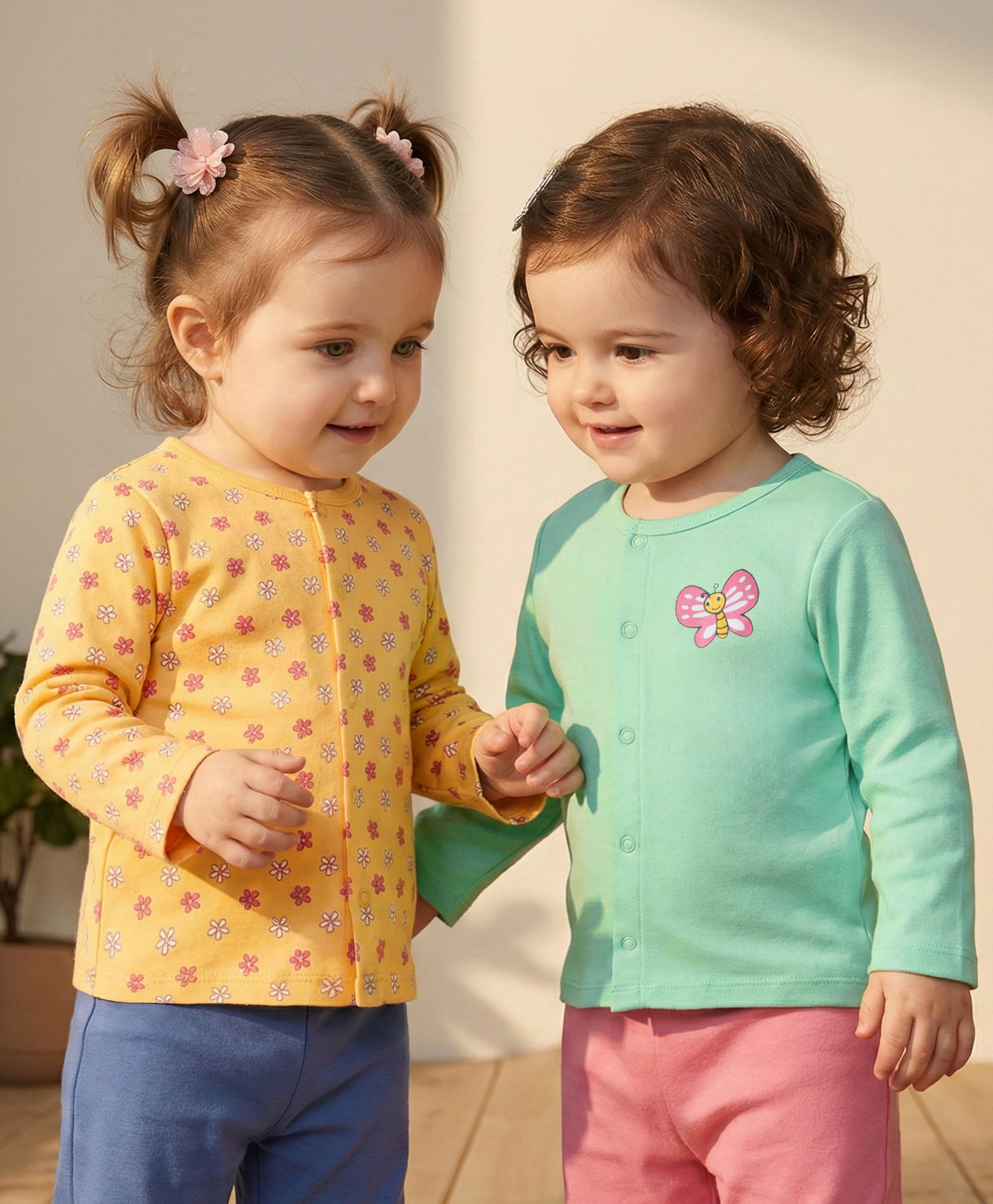 Babyoye 100% Cotton Knit With Eco Jiva Finish Full Sleeves Jhablas with Floral & Butterfly Print Pack of 2 - Light Green & Mustard-picture-20
