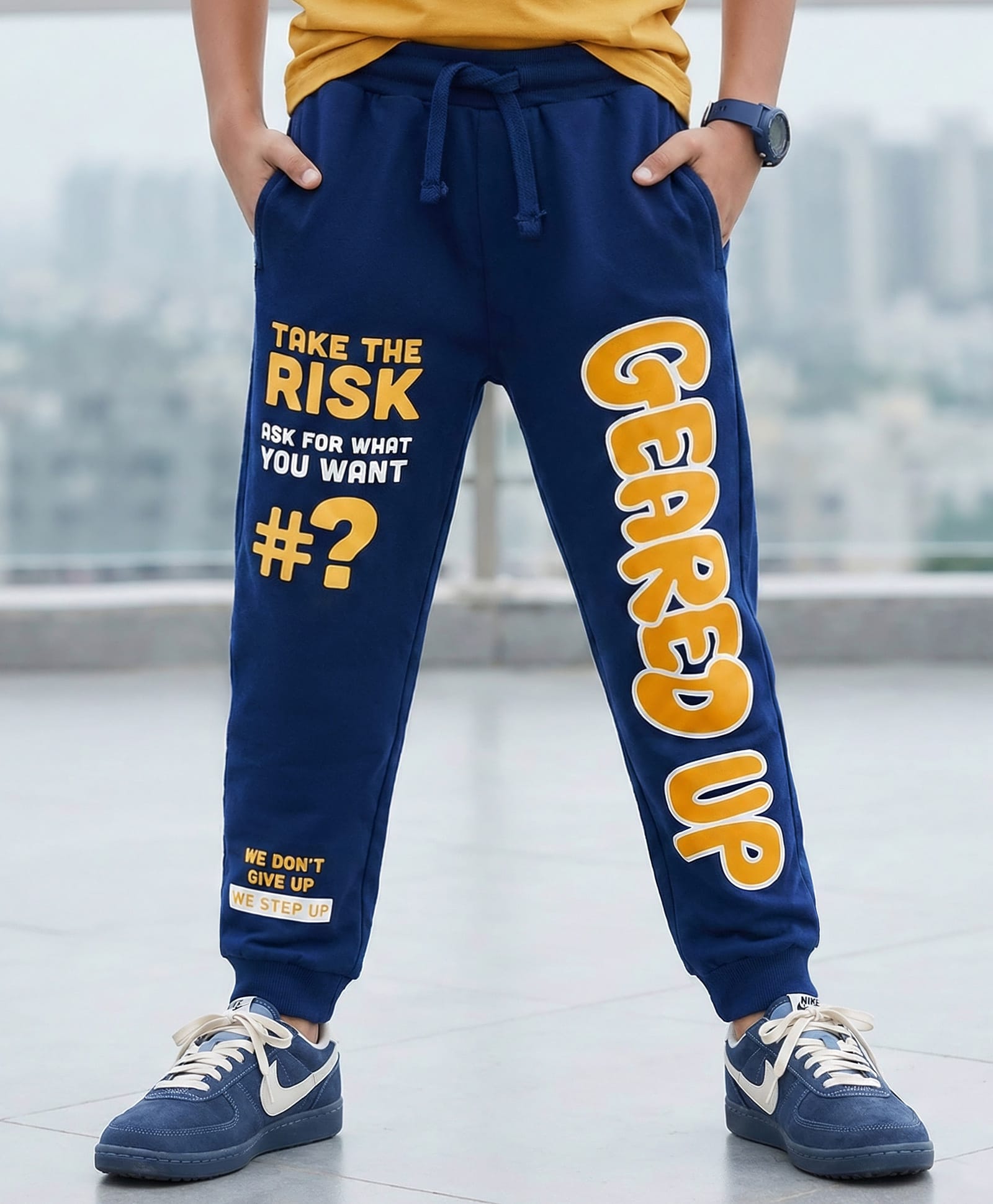 Pine Kids Terry Knit Full Length Lounge Pant with Text Print - Navy Blue-picture-25