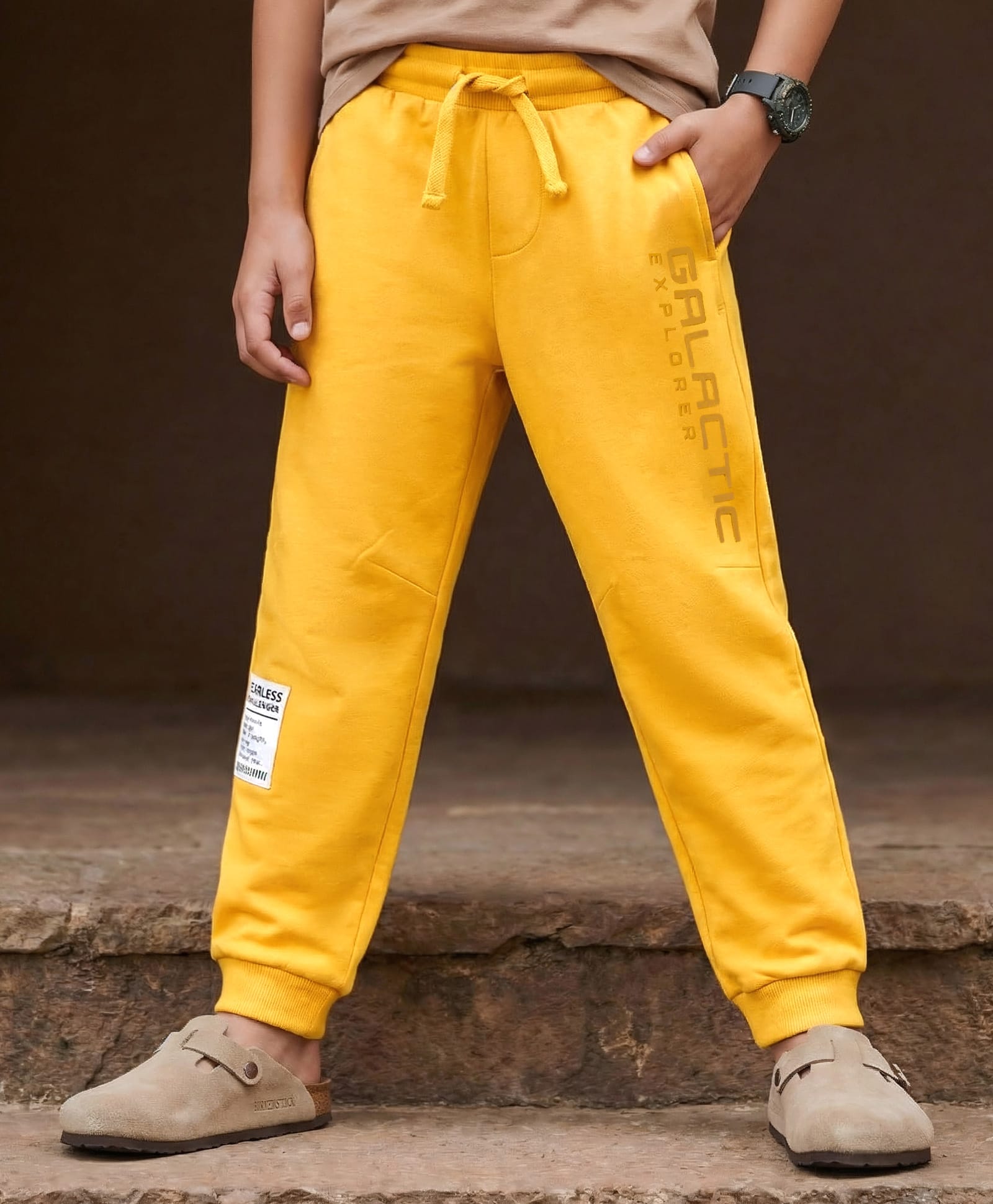 Pine Kids Terry Knit Full Length Lounge Pant With Text Badge - Mustard-image-32