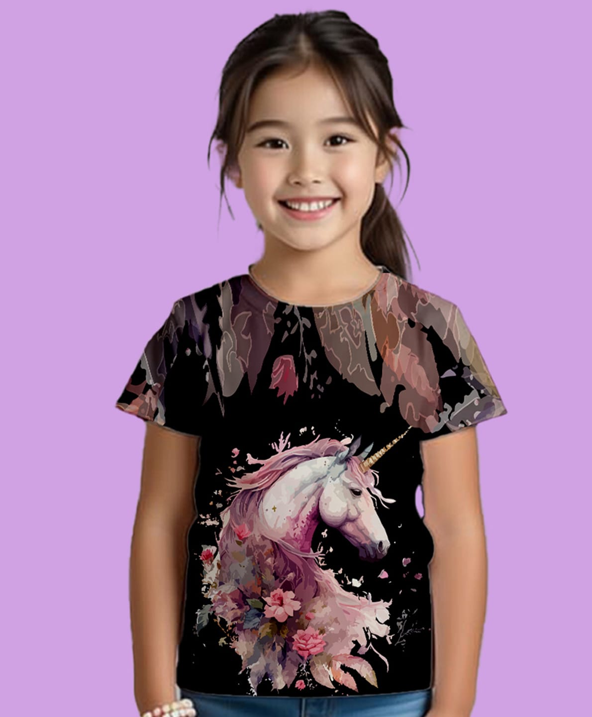NUSYL Cotton Blend Knit Half Sleeves Unicorn Printed Tee - Black-picture-5