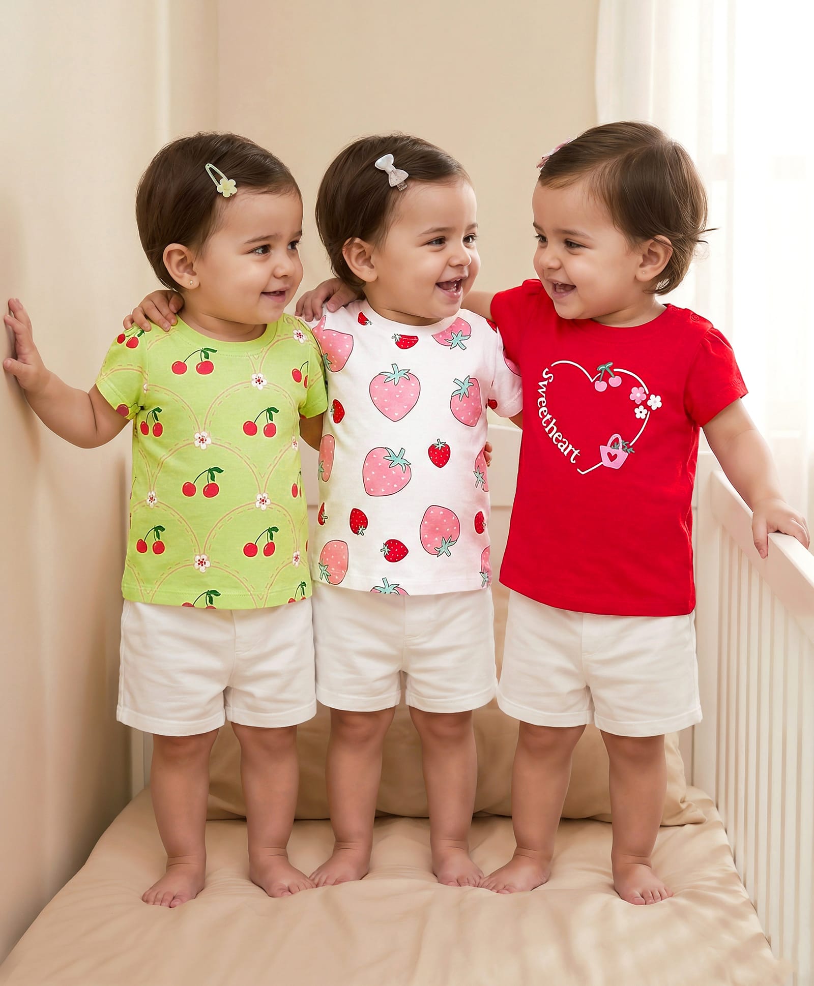 Doodle Poodle 100% Cotton Knit Half Sleeves T-Shirts with Fruit Print Pack of 3 - Red Limegreen & White-image-47