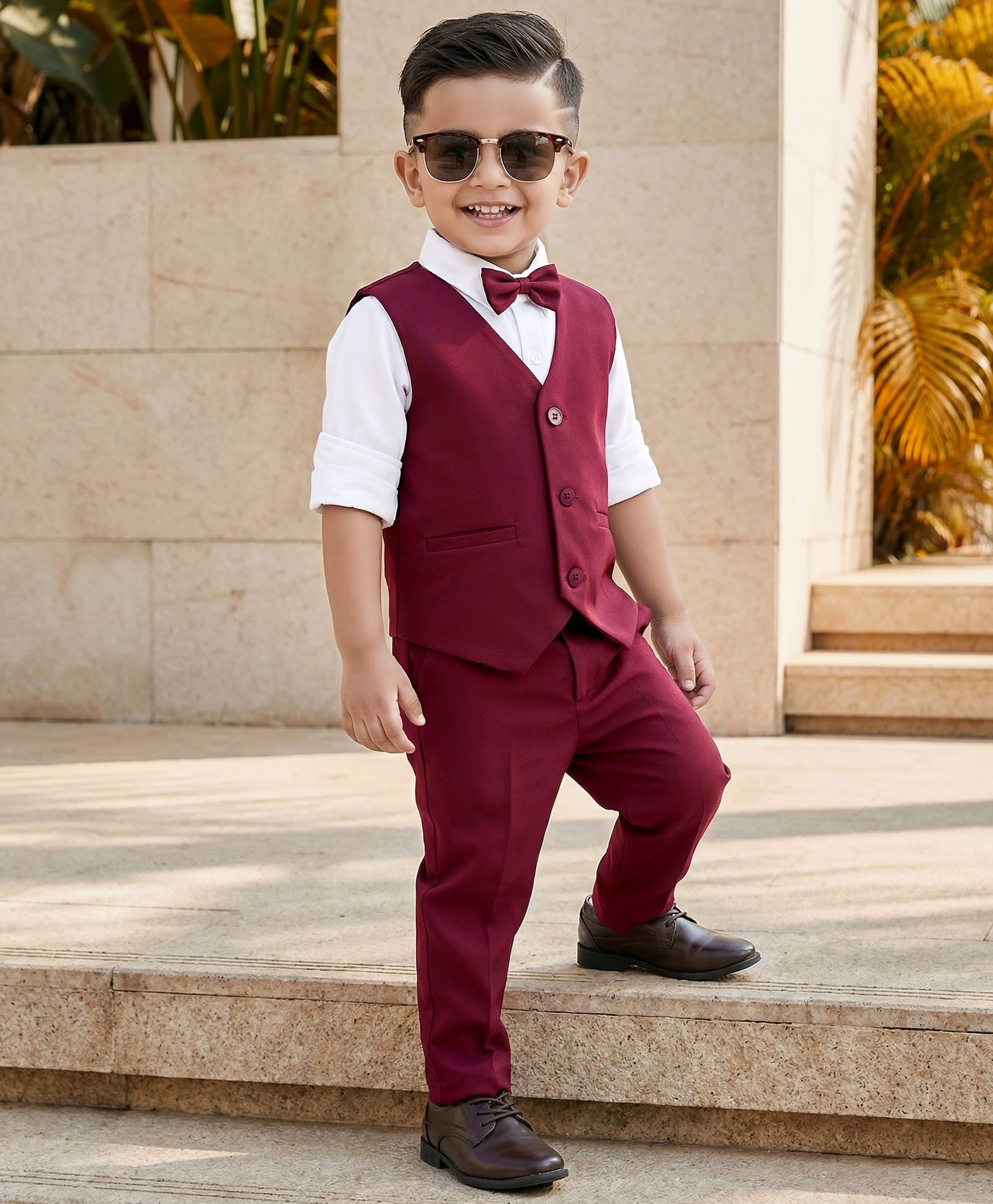 Babyhug Knit Full Sleeves Solid 3 Piece Party Suit With Bow - Wine-image-7